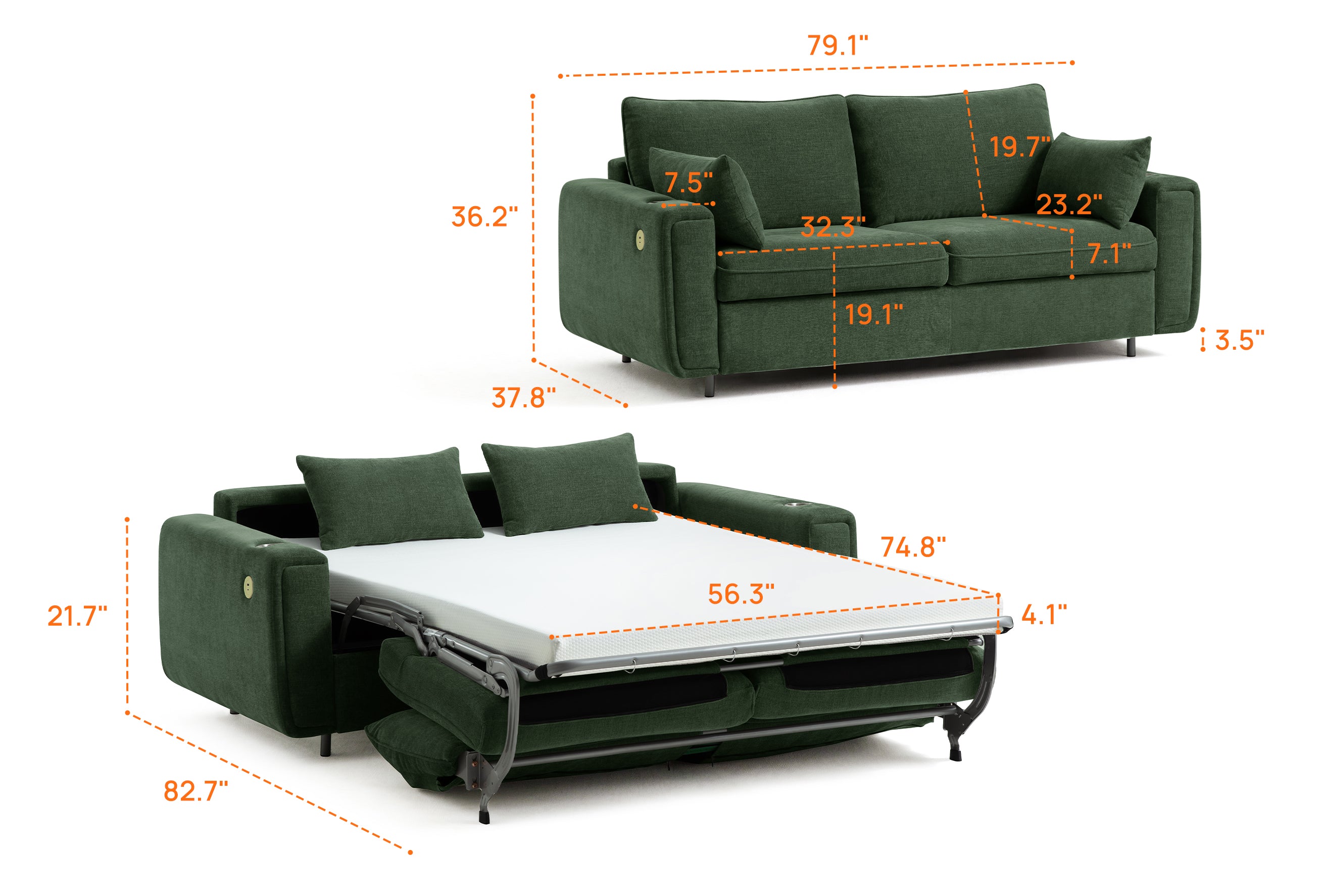 LUMI 2-in-1 Queen Sleeper Sofa with One-Pull Bed, USB Charging & RGB