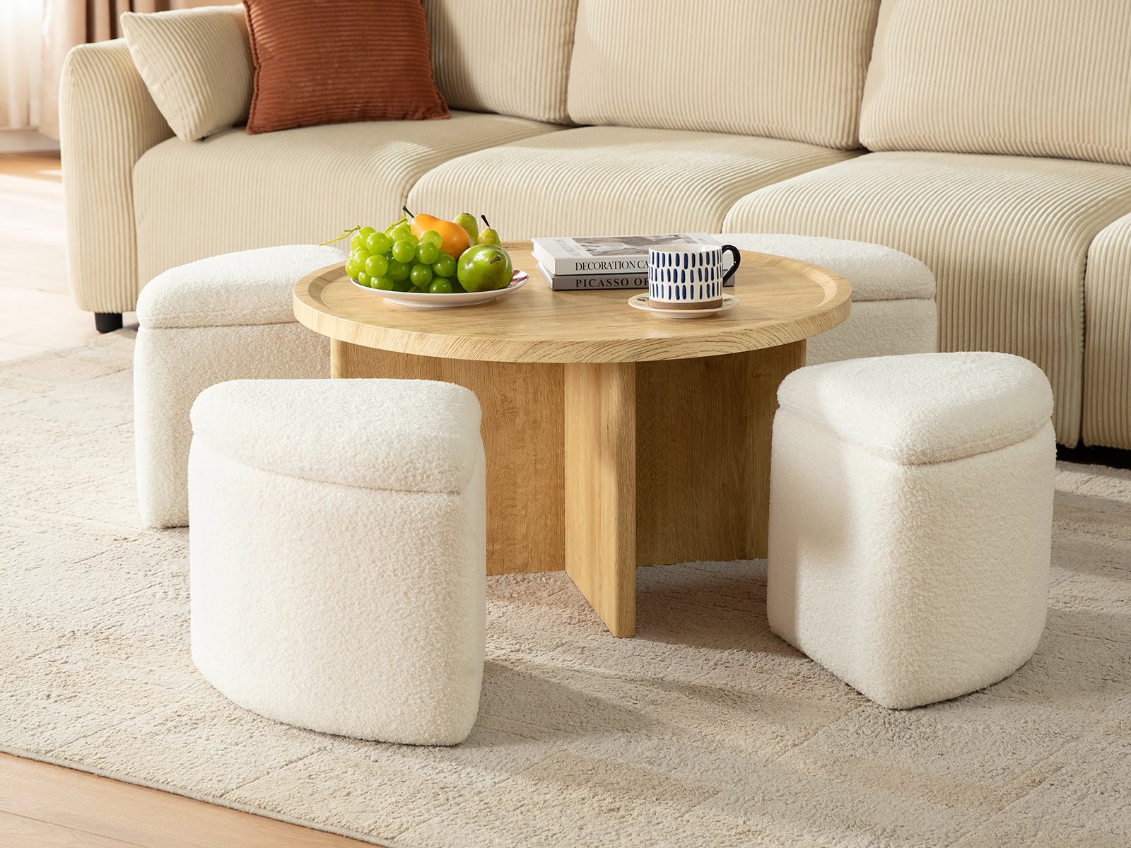 Madera Multi - Functional Coffee Table with Stools Natural&White