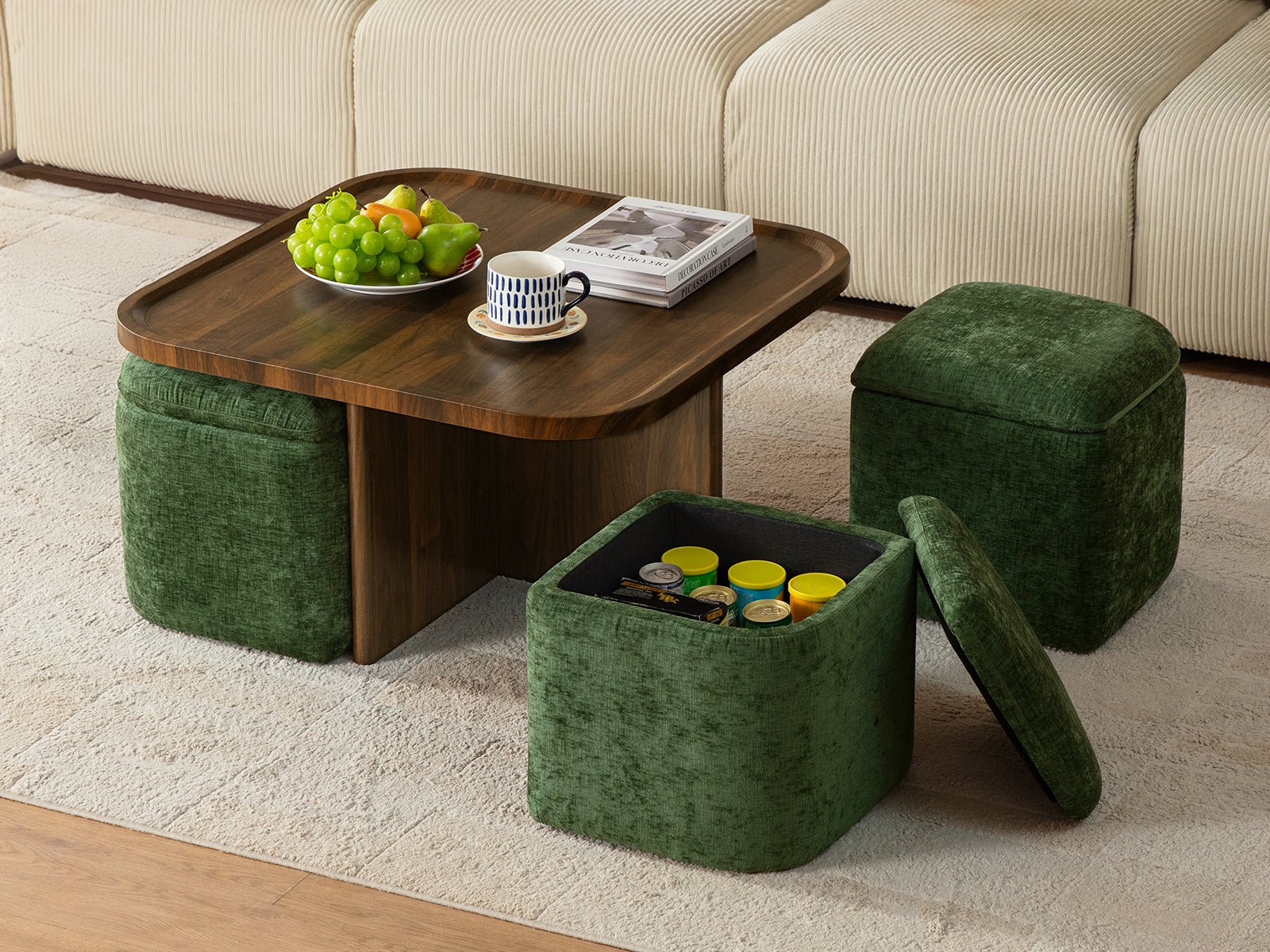 Madera Multi - Functional Coffee Table with Stools Walnut&Green