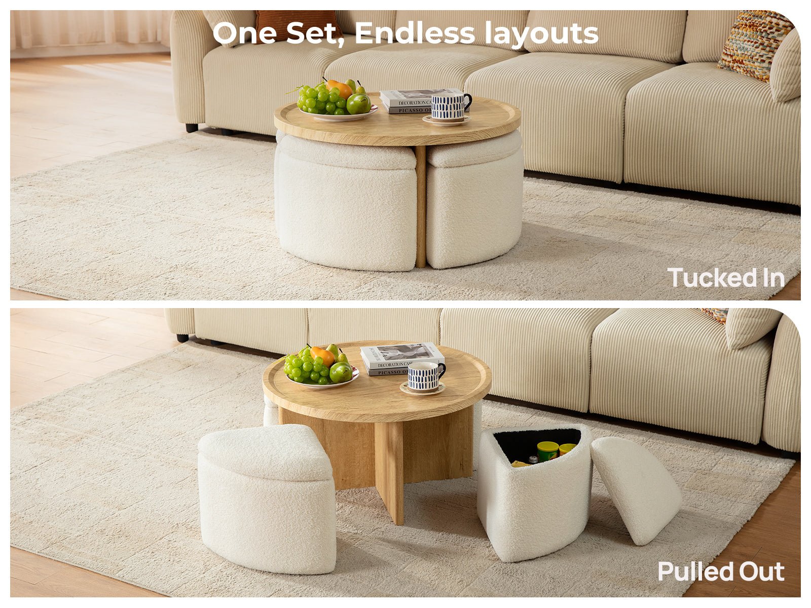 Madera Multi - Functional Coffee Table with Stools Natural&White