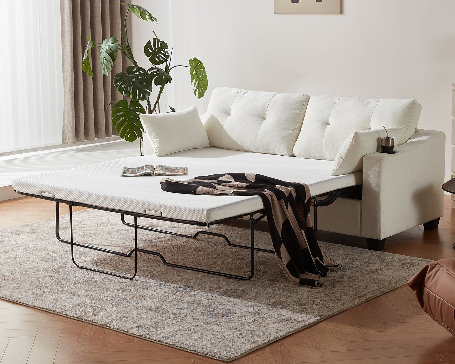 CURLIN Full Size 2IN1 Chenille Pull Out Sofa Bed (Beige)