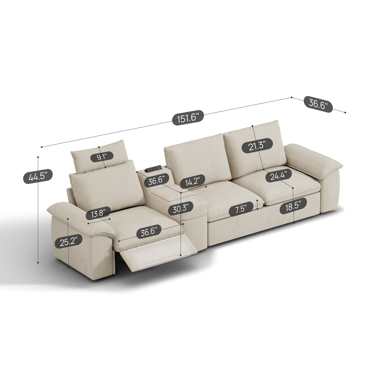 SOMA Oasis I 3 Seat Electric Sofa & Powered Console, with 2IN1 Hidden Sofa Bed | Nap Armrests