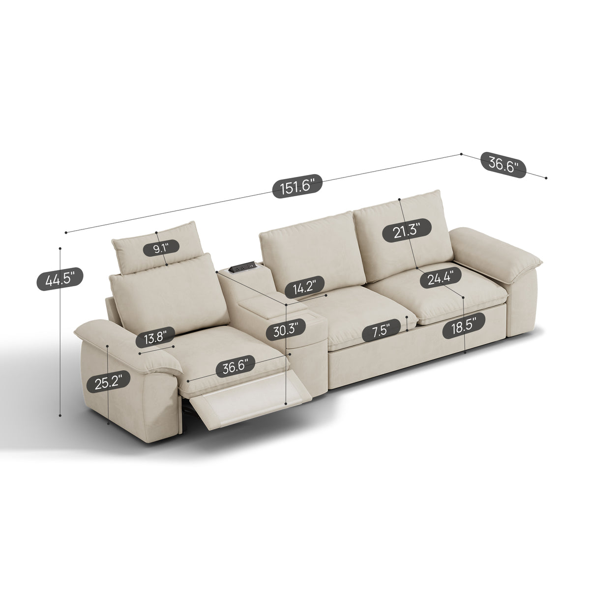 SOMA Oasis II 3 Seat Electric Sofa & Power Console, with Hidden One-pull Sofa Bed | Nap Armrests