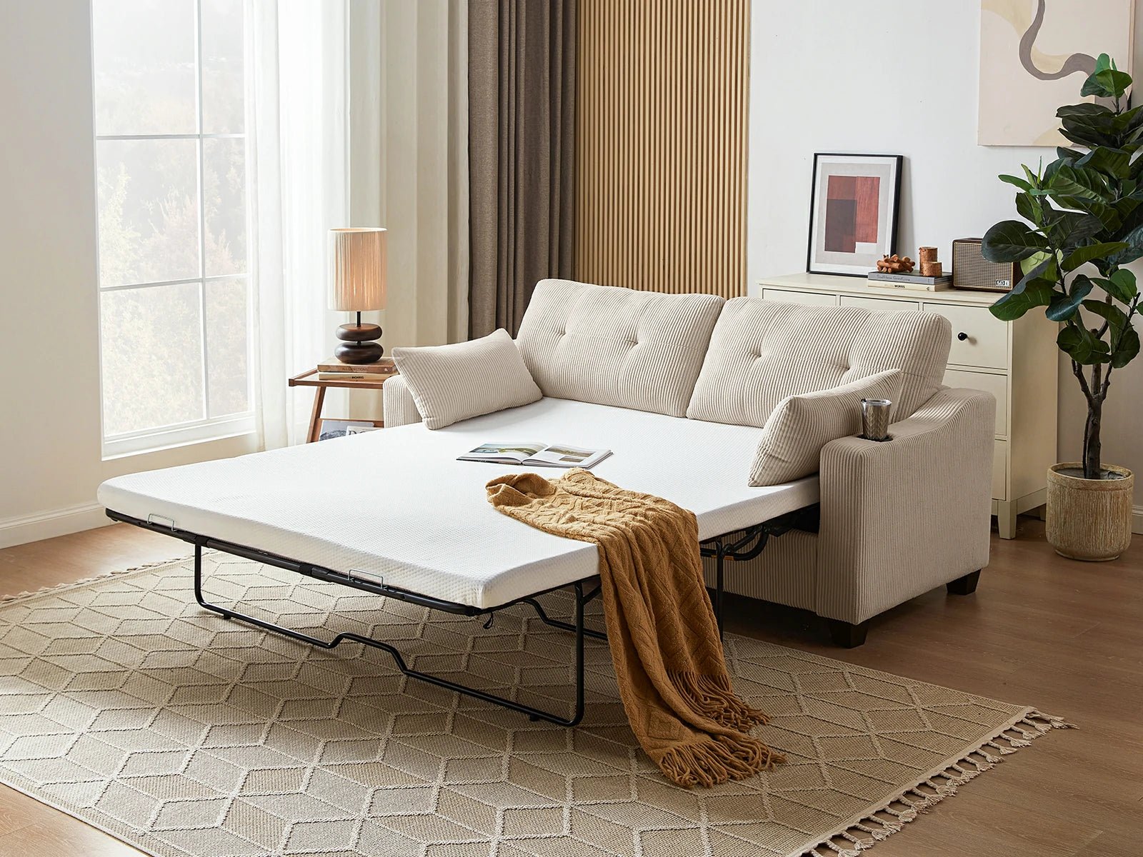 CURLIN Queen Size 2IN1 Corduroy Pull Out Sofa Bed - white