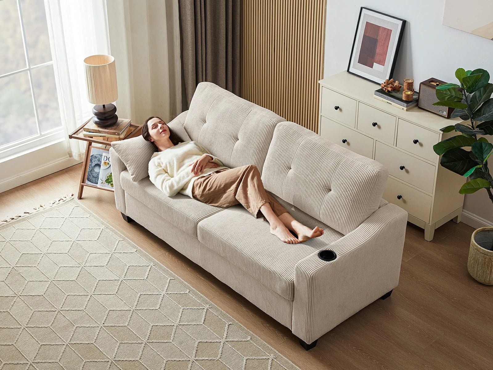 CURLIN Queen Size 2IN1 Corduroy Pull Out Sofa Bed - white