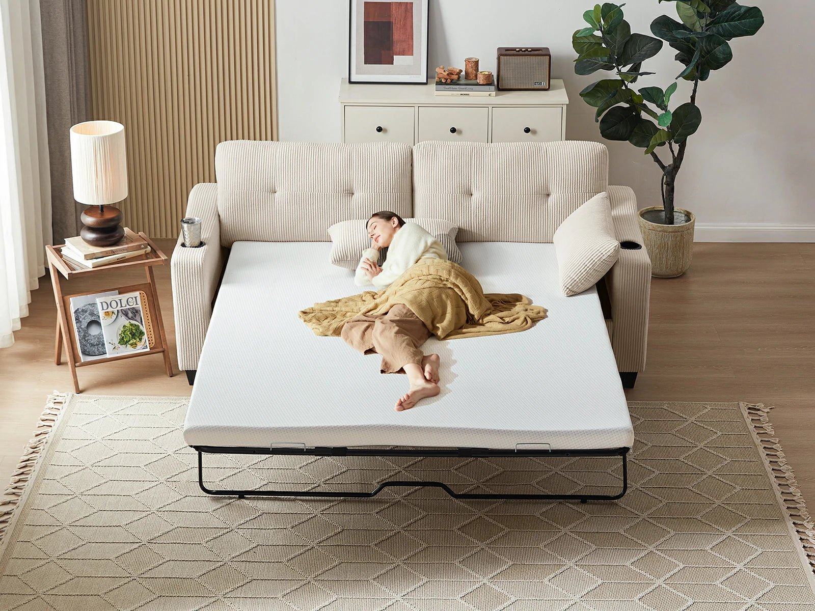 CURLIN Queen Size 2IN1 Corduroy Pull Out Sofa Bed - white