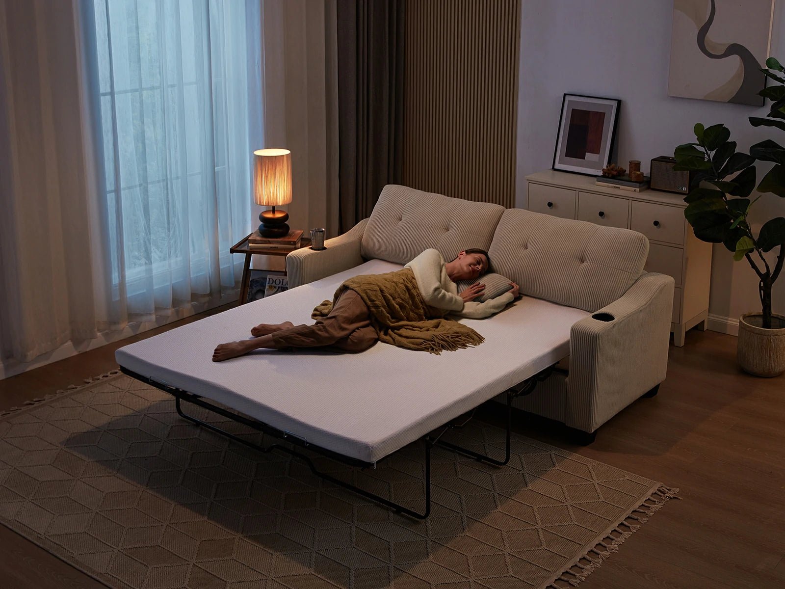 CURLIN Queen Size 2IN1 Corduroy Pull Out Sofa Bed - white