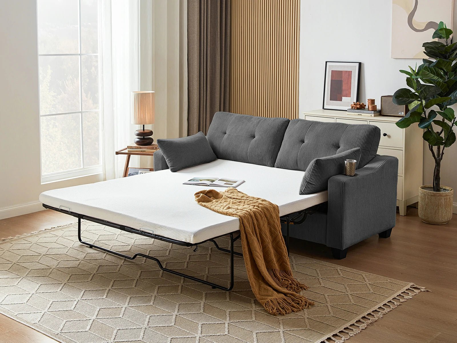 CURLIN Queen Size 2IN1 Corduroy Pull Out Sofa Bed - drak grey