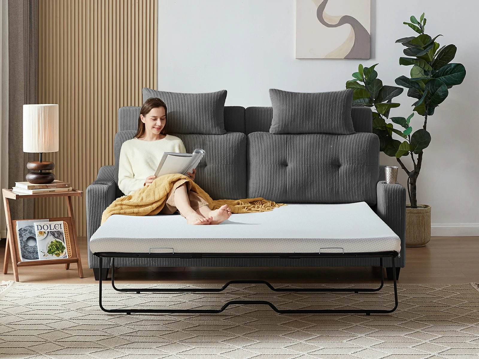 CURLIN Queen Size 2IN1 Corduroy Pull Out Sofa Bed - drak grey