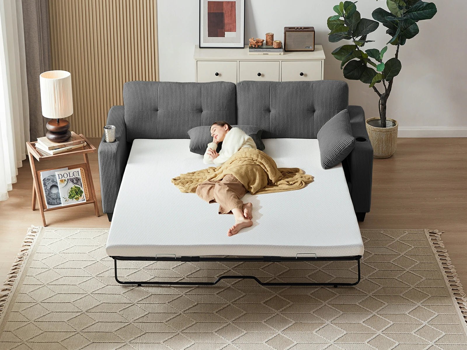 CURLIN Queen Size 2IN1 Corduroy Pull Out Sofa Bed - drak grey