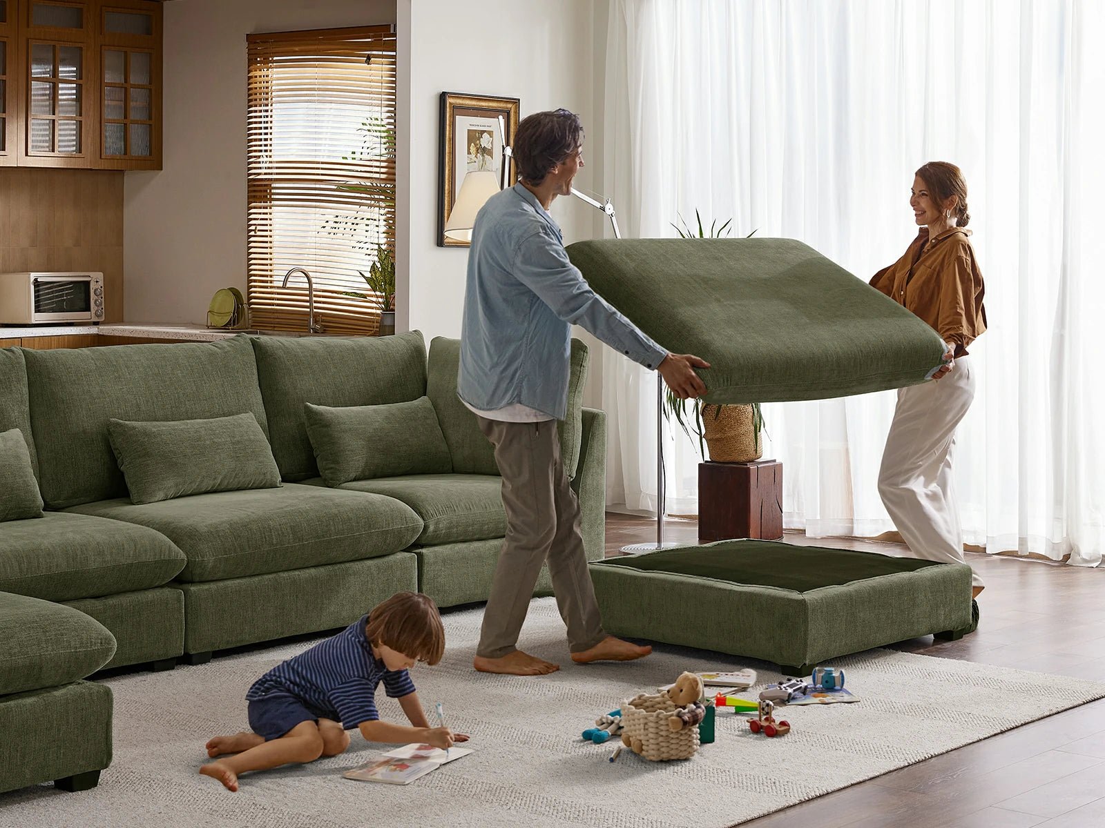 MONARCA Chenille 3 Seats with 3 Ottomans