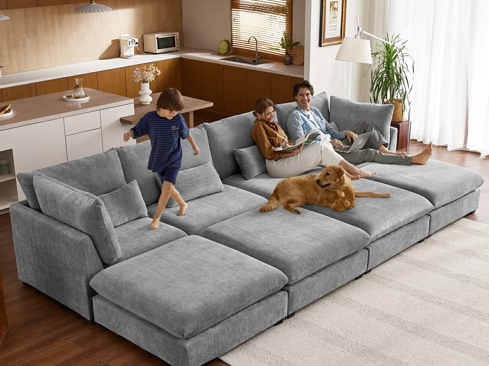 MONARCA Chenille 3 Seats with 3 Ottomans