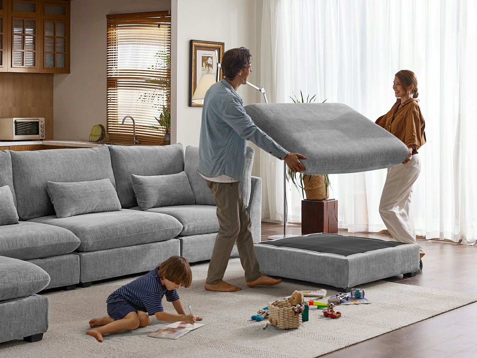 MONARCA Chenille 3 Seats with 3 Ottomans