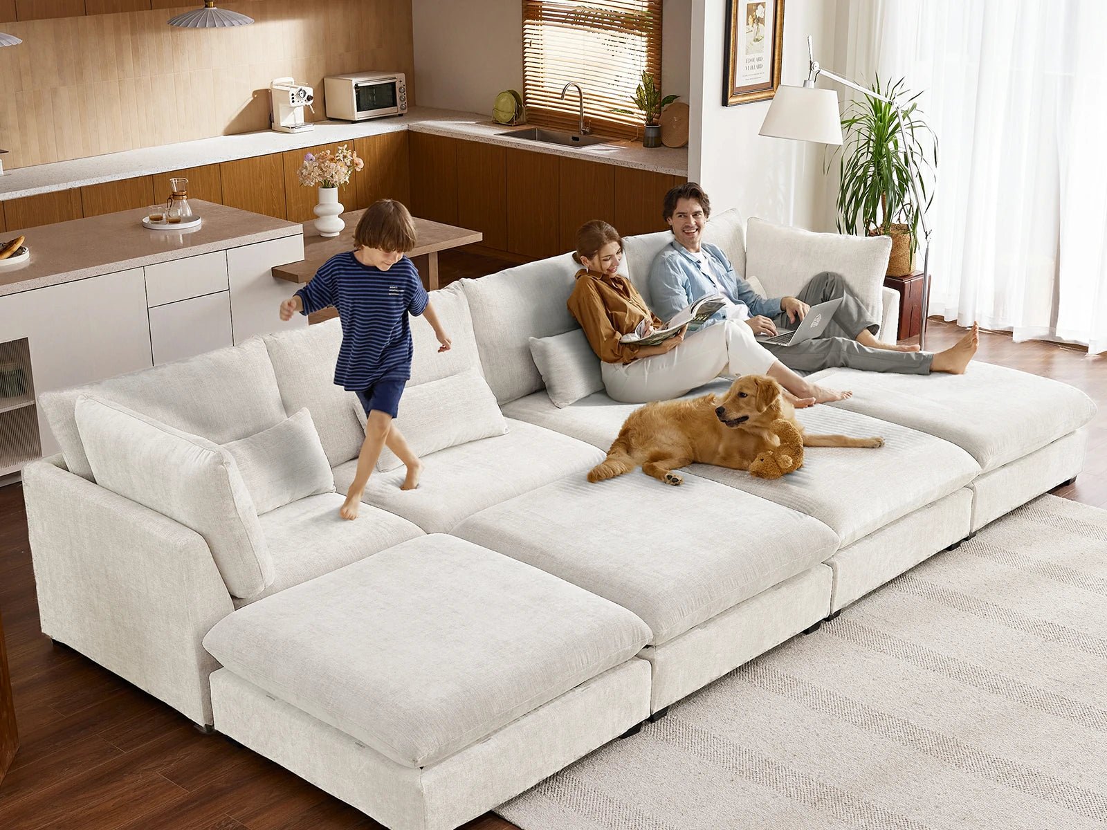 MONARCA Chenille 3 Seats with 3 Ottomans