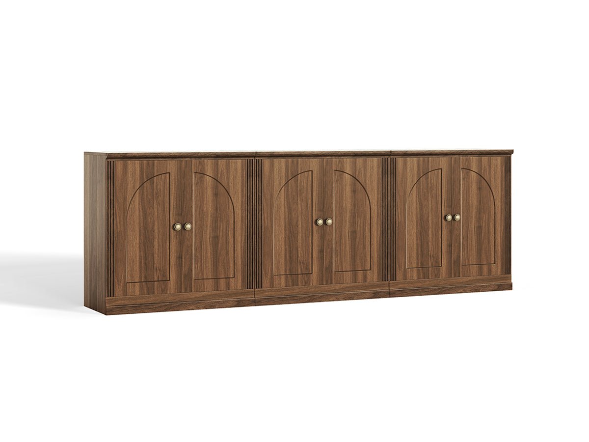 MONOS walnut modular sideboard cabinet set with three hinged storage cabinets on a clean white background