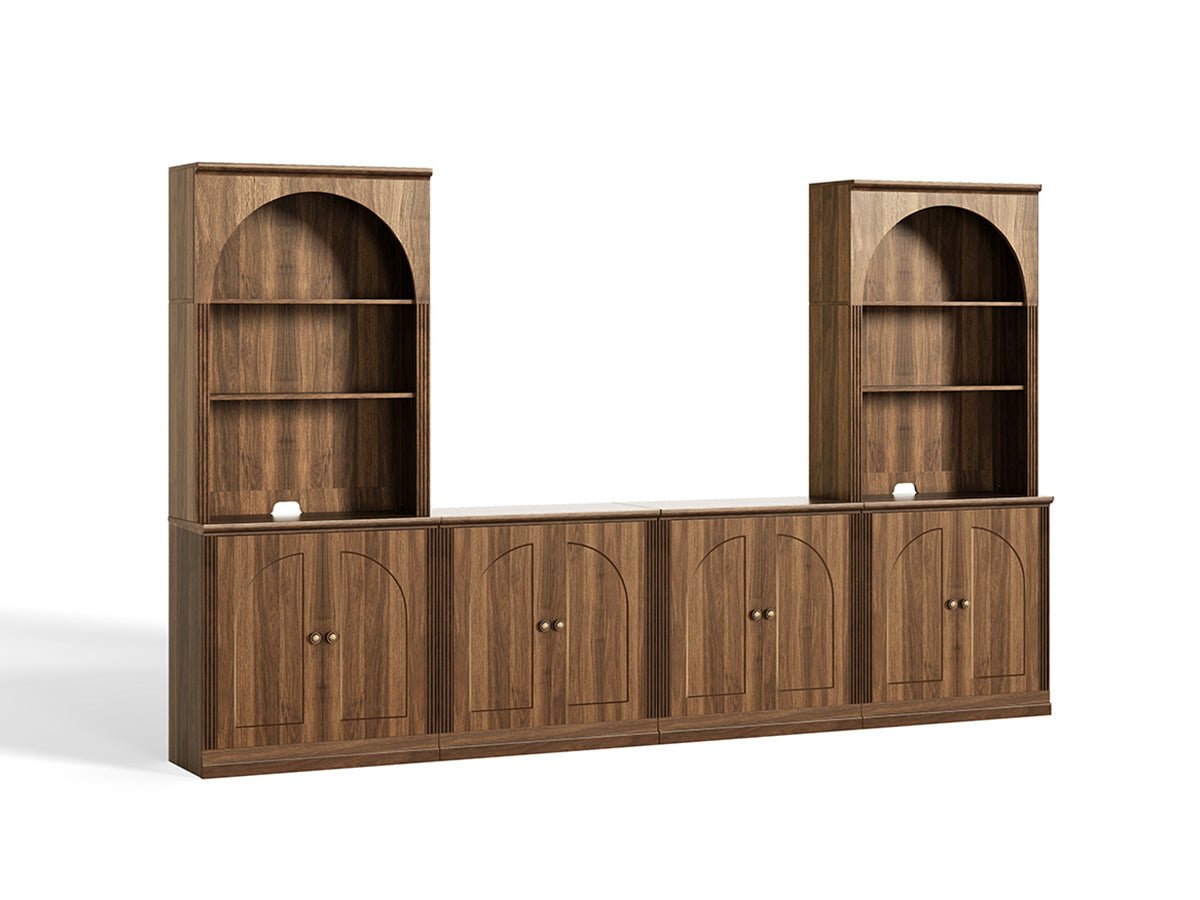 MONOS walnut modular wall storage cabinet set with arch-top open shelves and hinged lower cabinets on a white background
