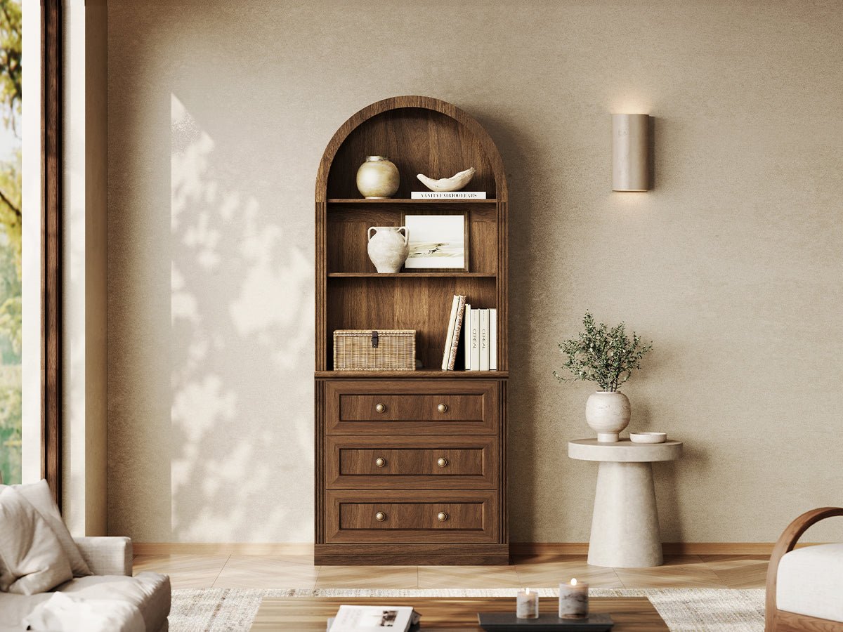Monos walnut arch-top drawer cabinet with open shelves and lower drawers in a living room