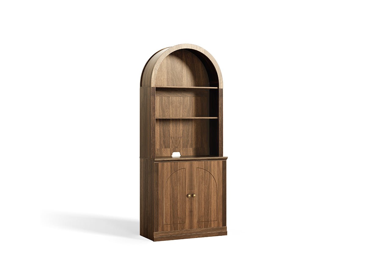 Monos walnut tall arch-top hinged storage cabinet shown on a clean white background