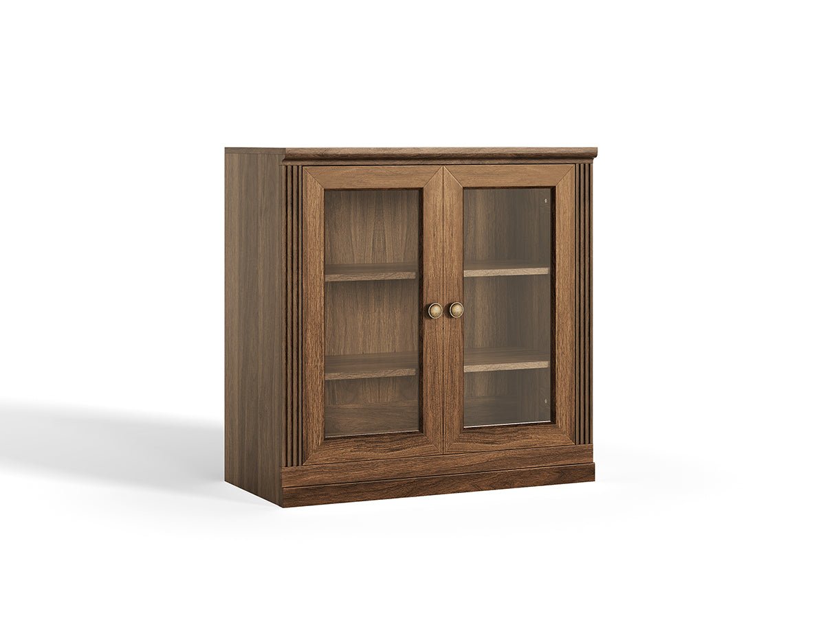 Monos walnut glass door display storage cabinet shown on a clean white background