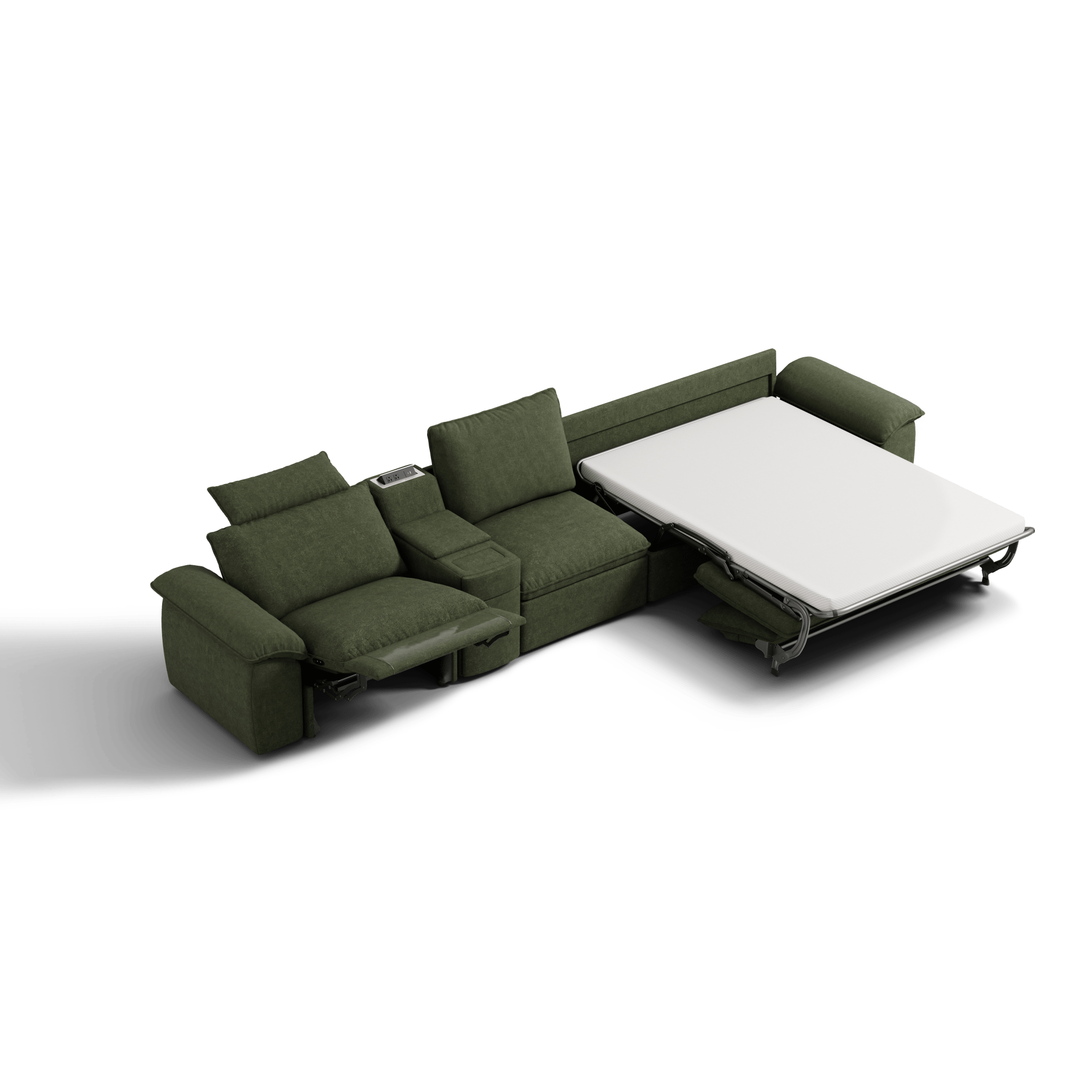SOMA Oasis II forest green 4 seat L-shaped modular recliner sofa with hidden one-pull sofa bed and nap armrests