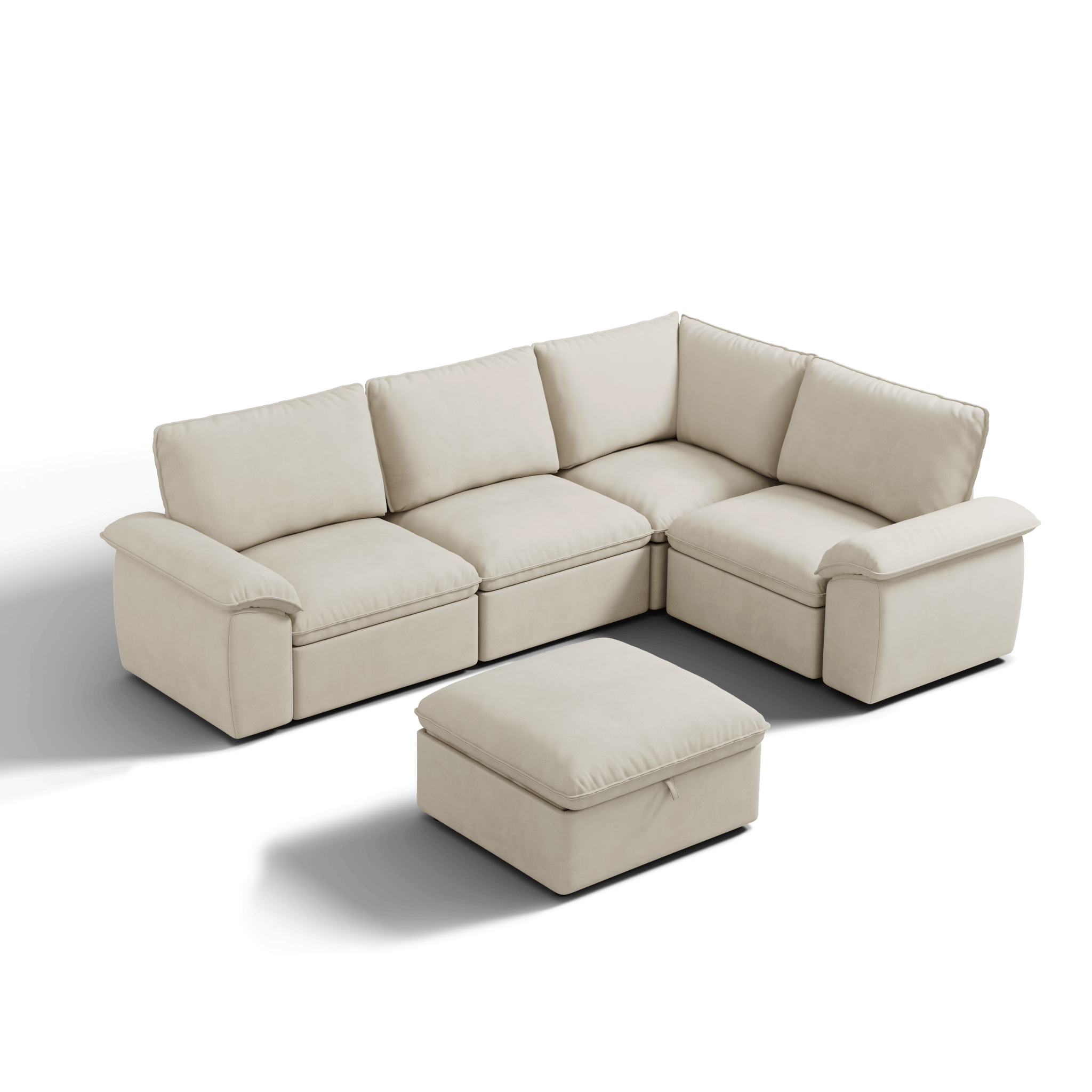 SOMA Origins II oat beige 5 seat V-shaped modular recliner sofa with nap armrests and ottoman