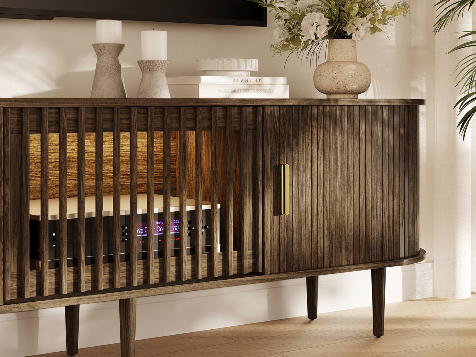Morvex-94" Mid-Century Modern Tambour Door TV Stand