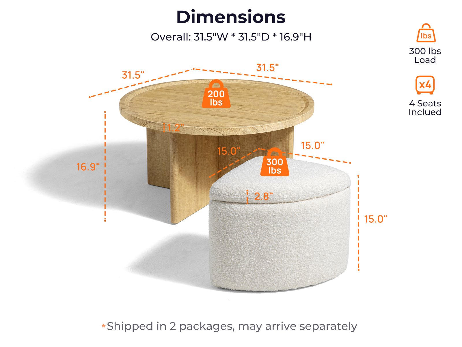 Madera Multi - Functional Coffee Table with Stools Natural&White