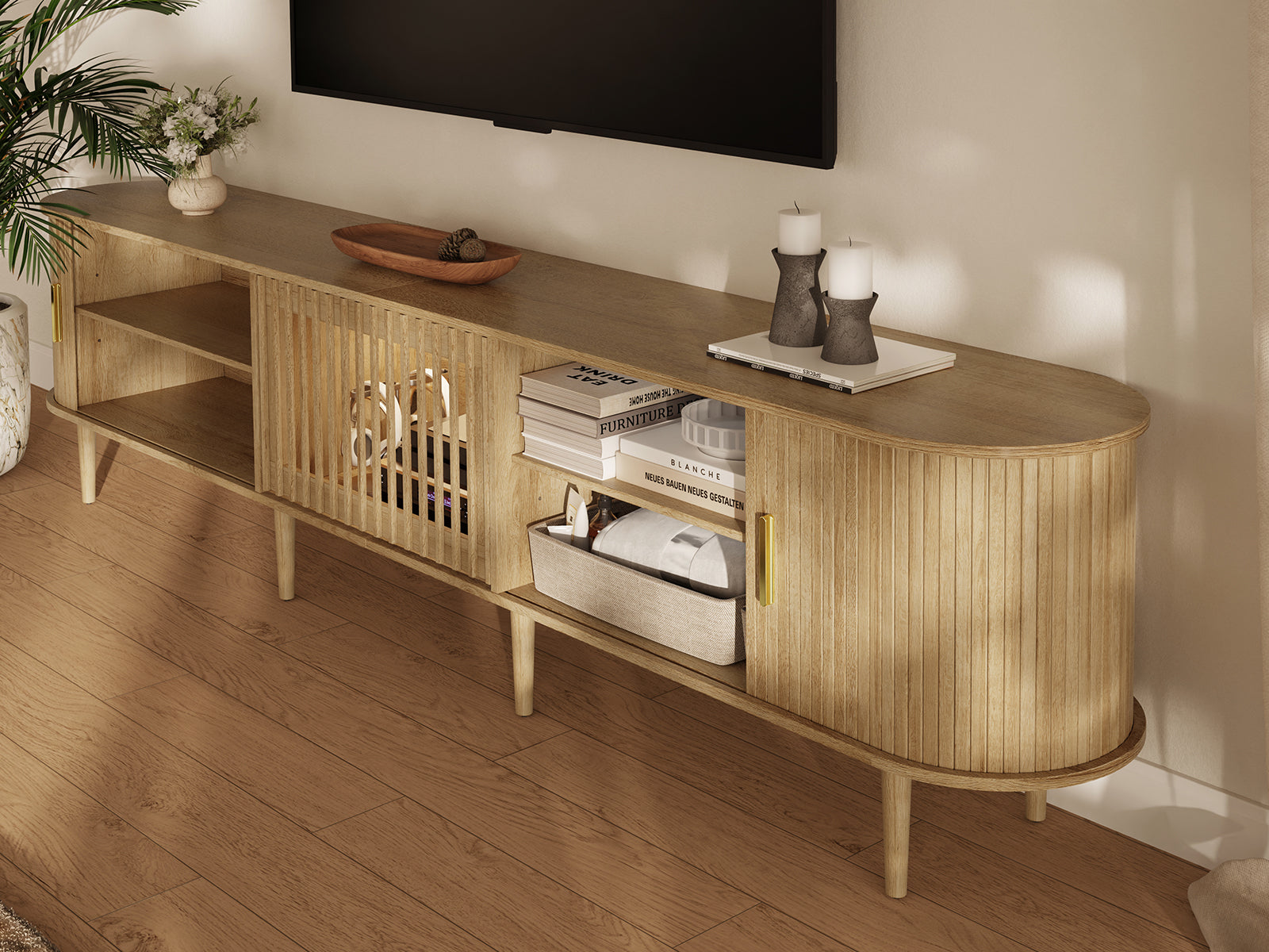 Morvex-94" Mid-Century Modern Tambour Door TV Stand