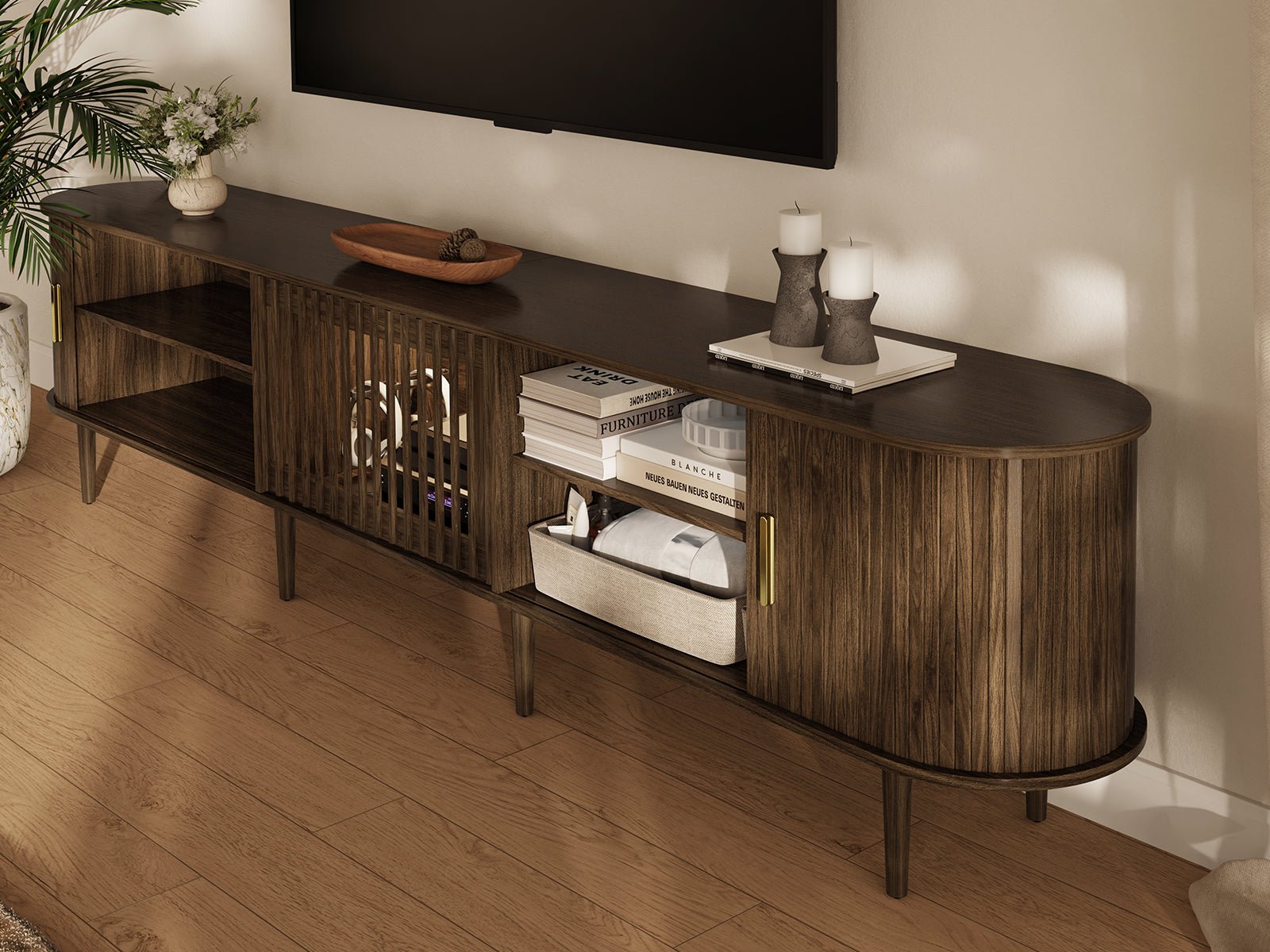 Morvex-94" Mid-Century Modern Tambour Door TV Stand