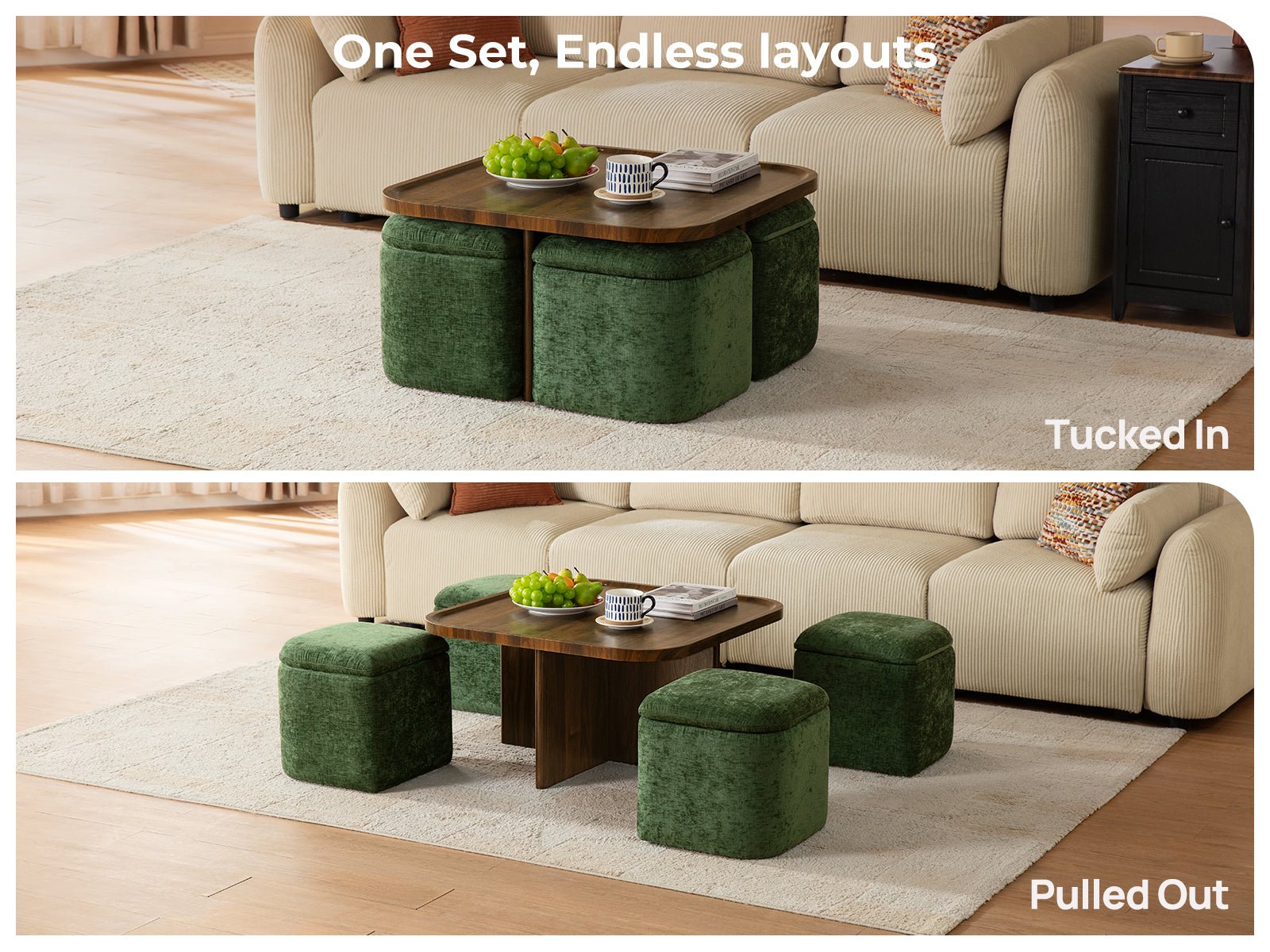Madera Multi - Functional Coffee Table with Stools Walnut&Green
