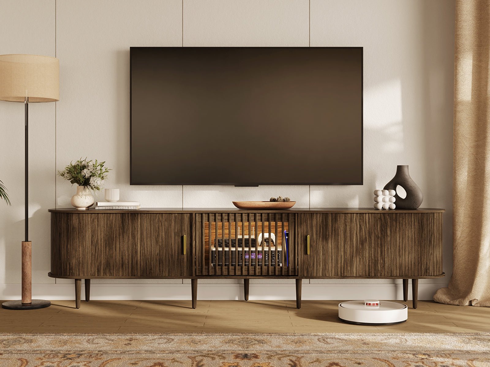 Morvex-94" Mid-Century Modern Tambour Door TV Stand