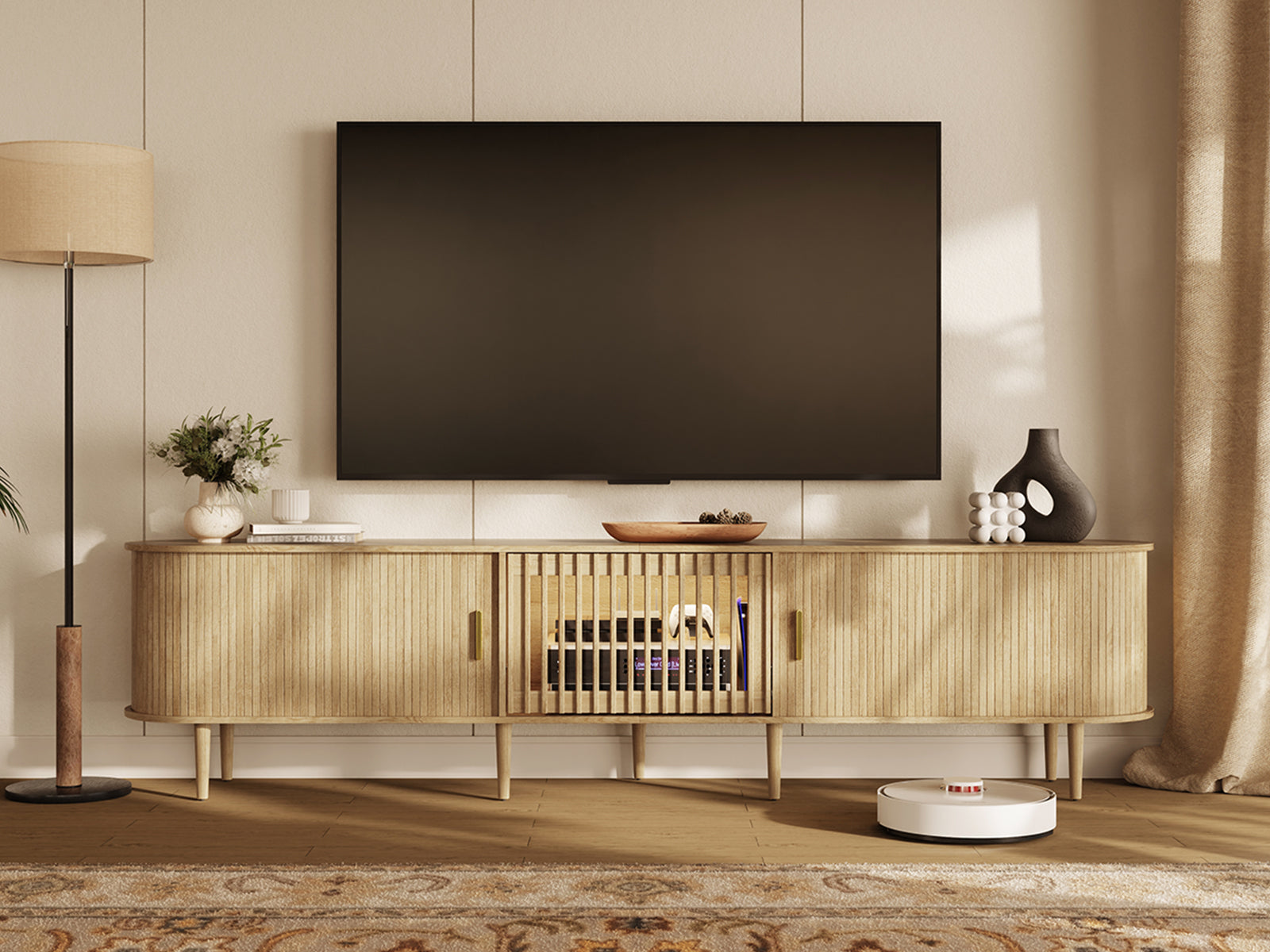 Morvex-94" Mid-Century Modern Tambour Door TV Stand