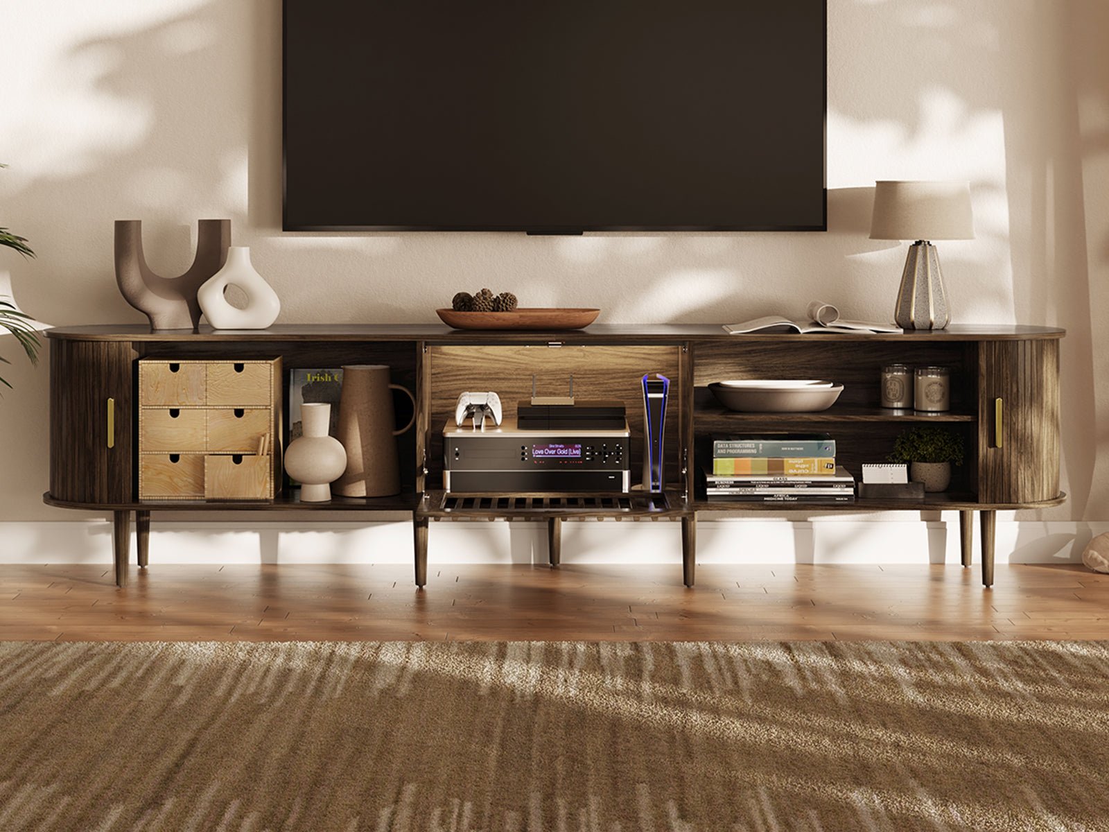 Morvex-94" Mid-Century Modern Tambour Door TV Stand