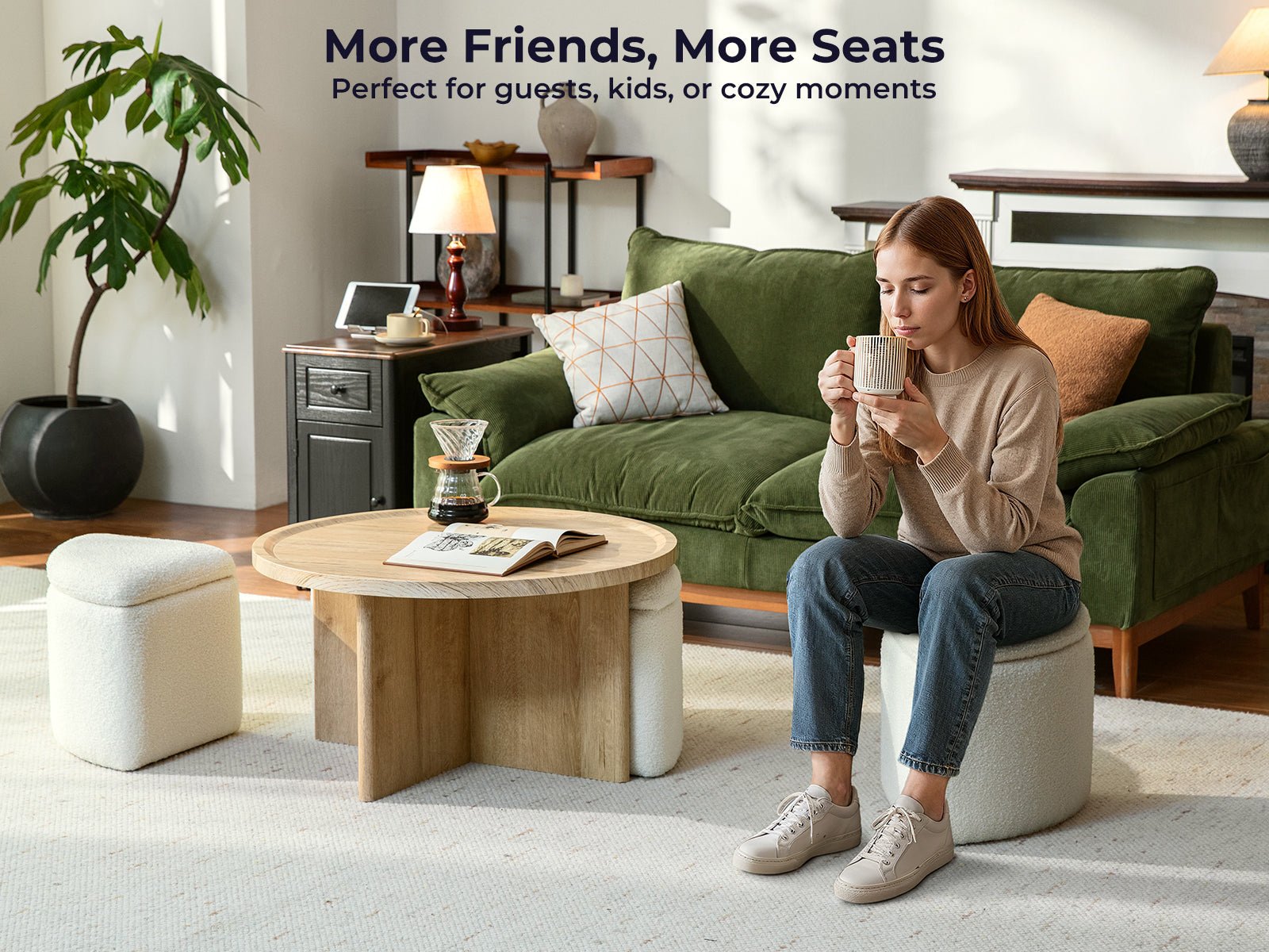 Madera Multi - Functional Coffee Table with Stools Natural&White