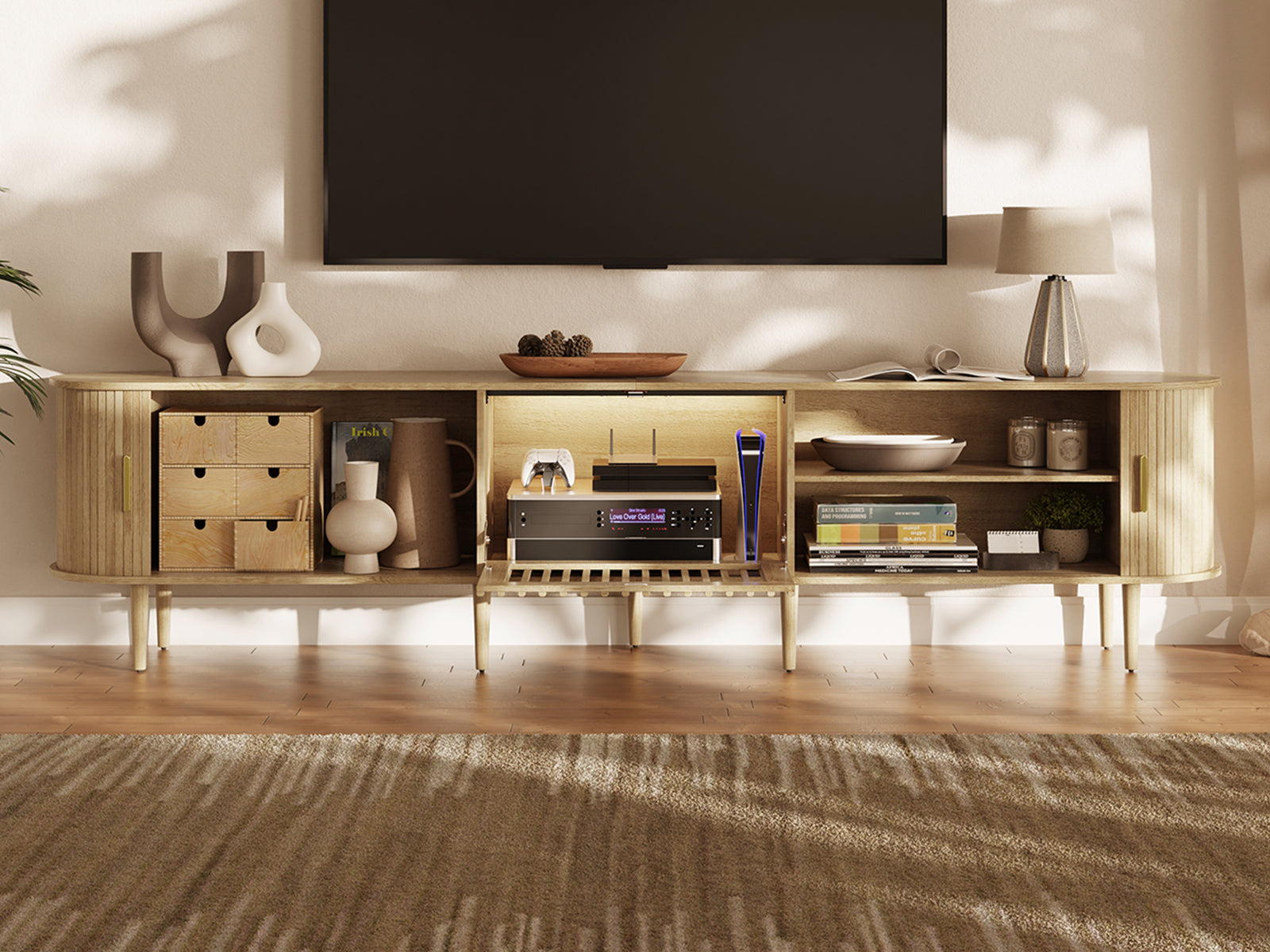 Morvex-94" Mid-Century Modern Tambour Door TV Stand