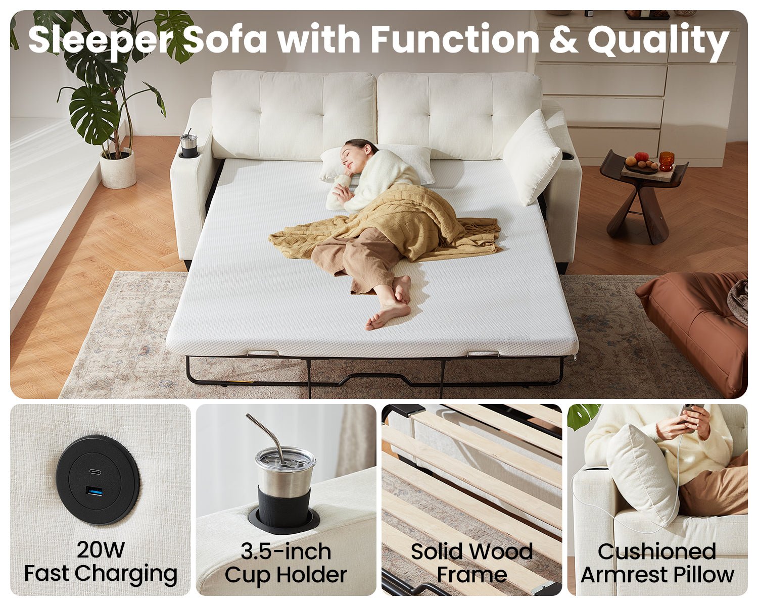 CURLIN Full Size 2IN1 Chenille Pull Out Sofa Bed (Beige)