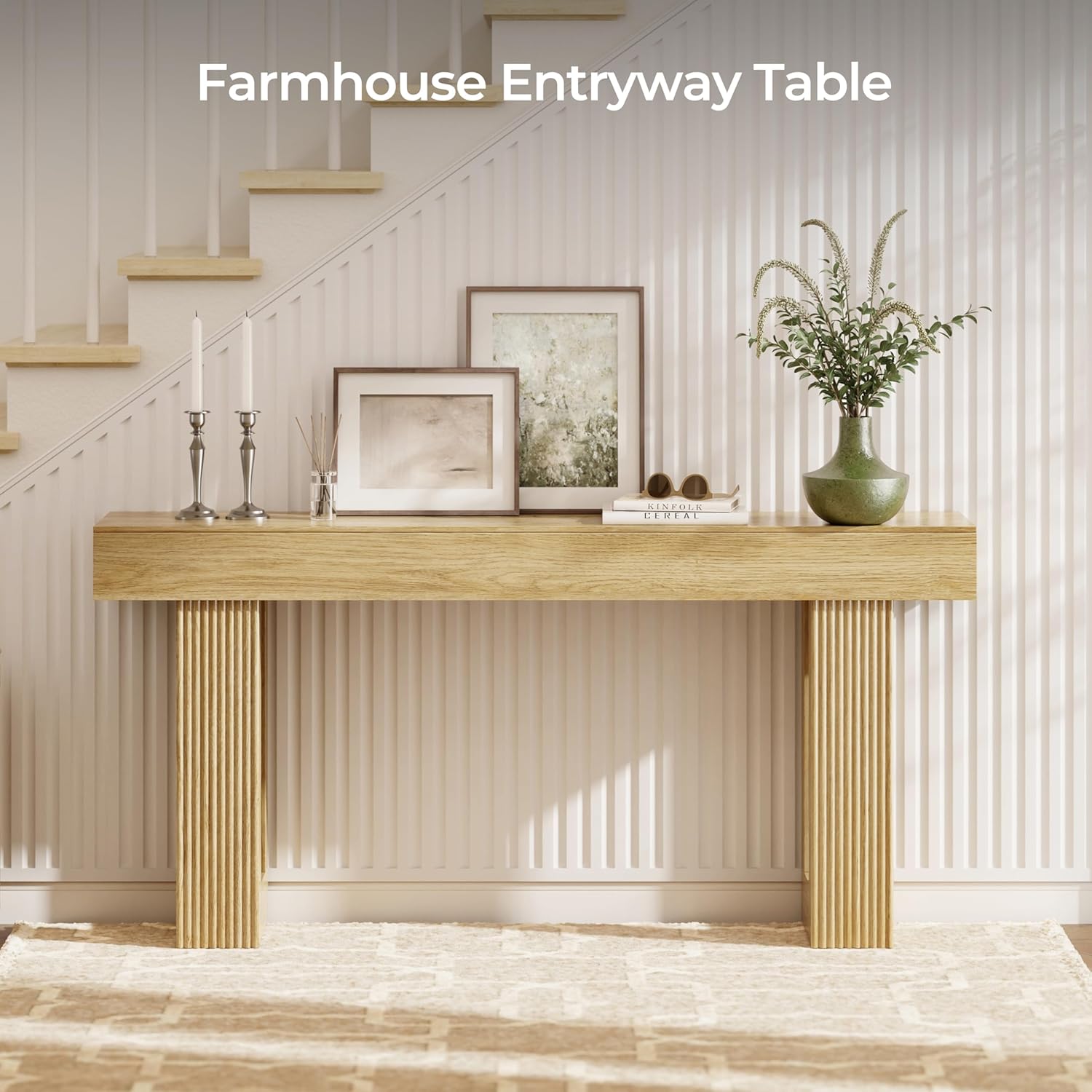 Fluted Console Table, Ribbed Entryway Table, Chunky Wood Hallway Table for Living Room