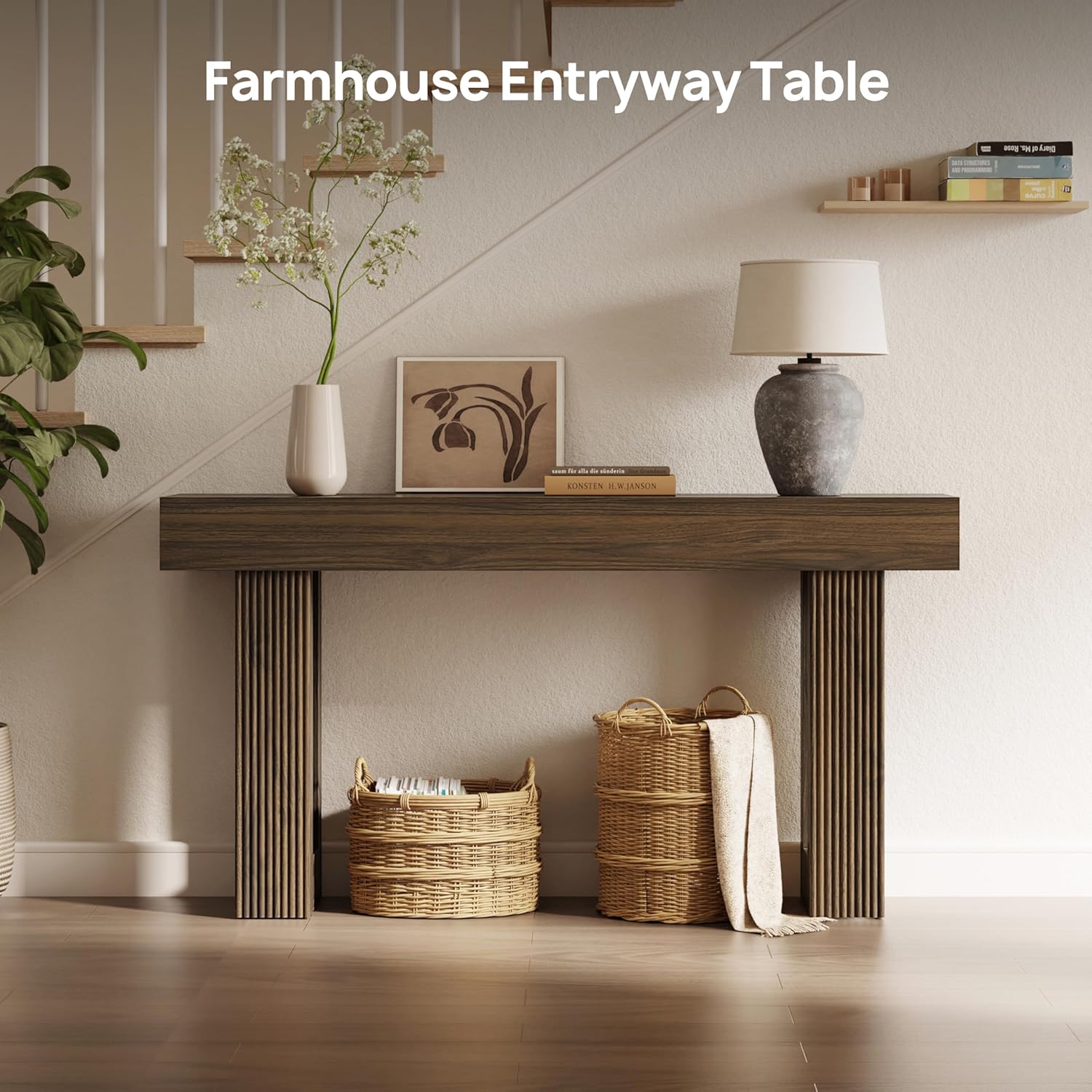 Fluted Console Table, Ribbed Entryway Table, Chunky Wood Hallway Table for Living Room