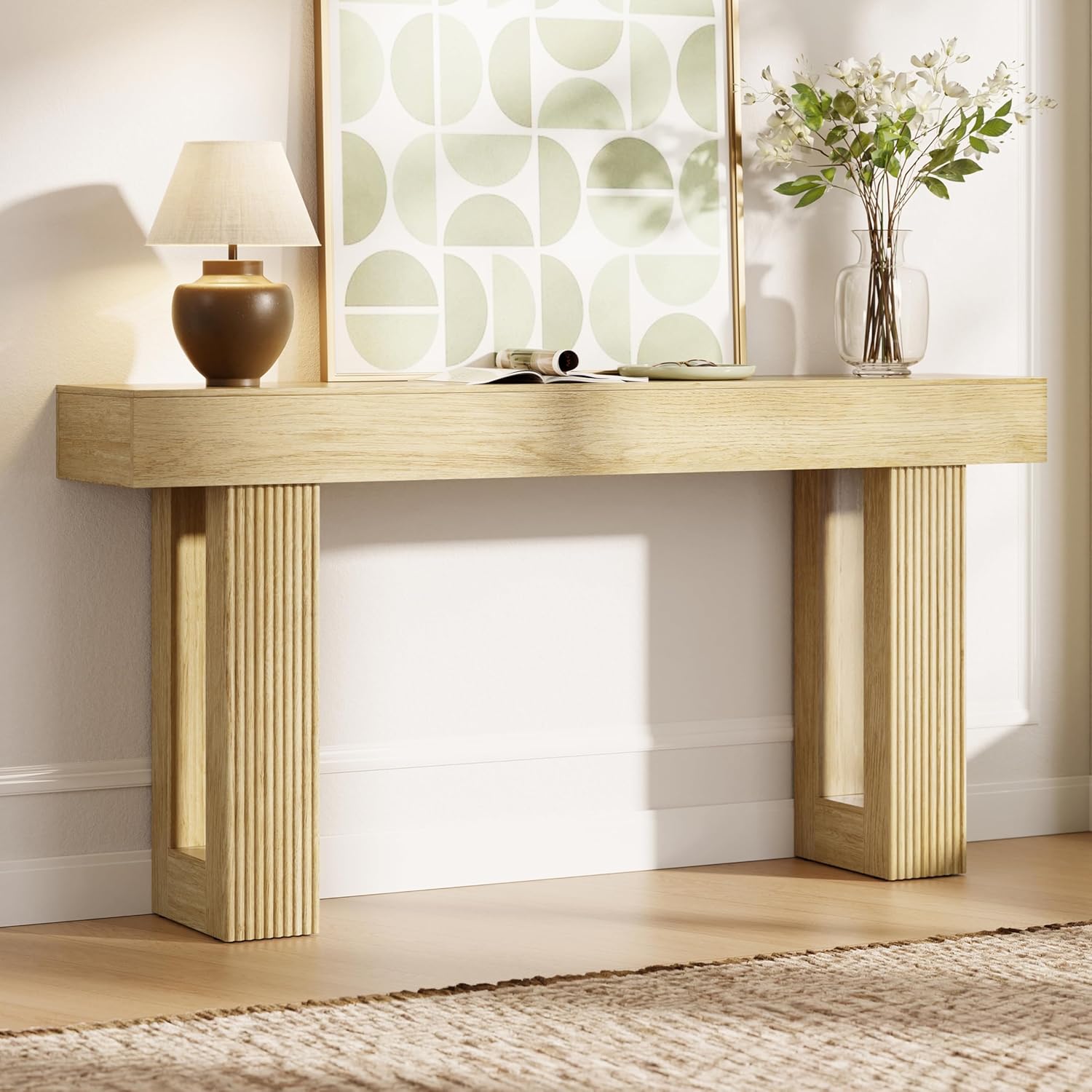 Fluted Console Table, Ribbed Entryway Table, Chunky Wood Hallway Table for Living Room
