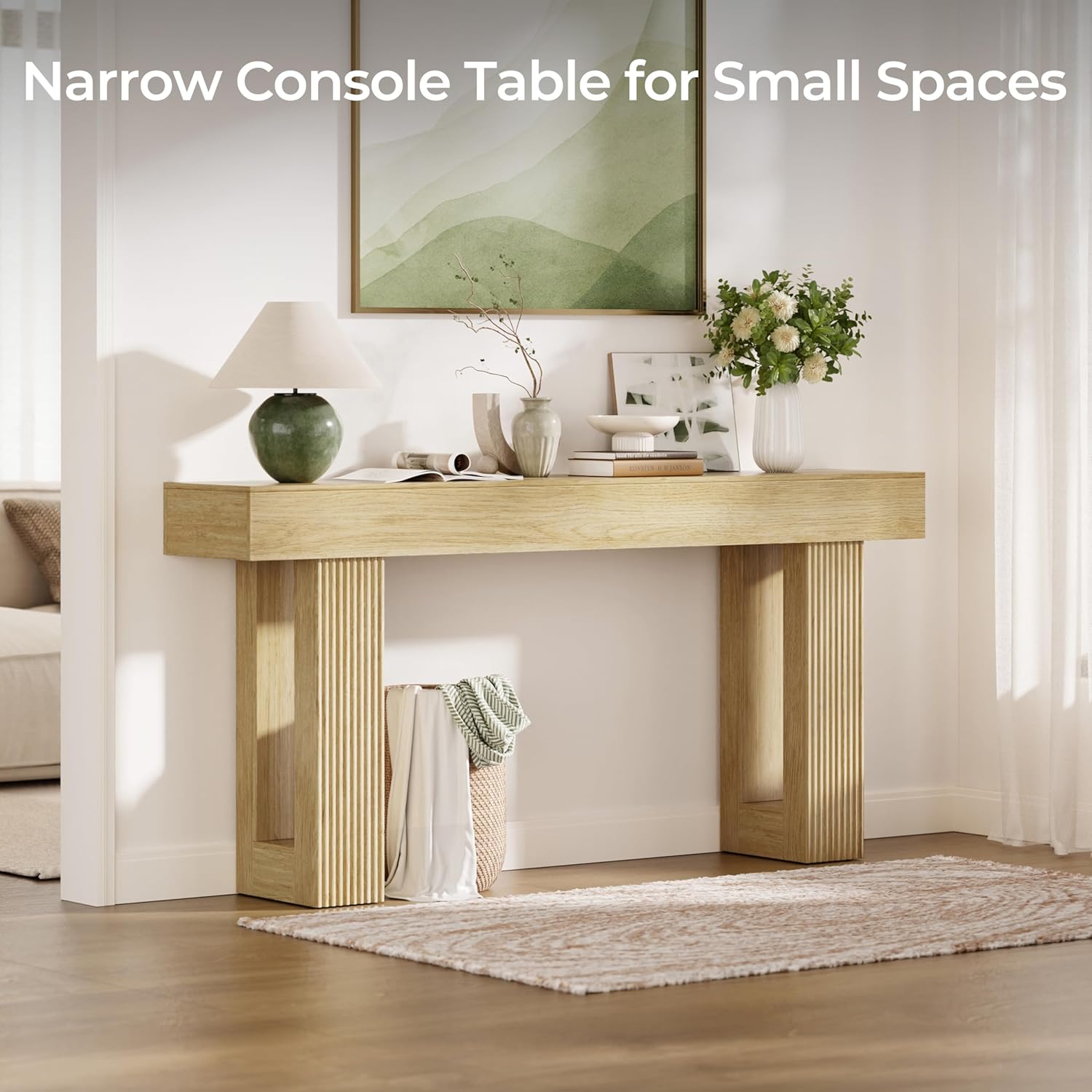 Fluted Console Table, Ribbed Entryway Table, Chunky Wood Hallway Table for Living Room