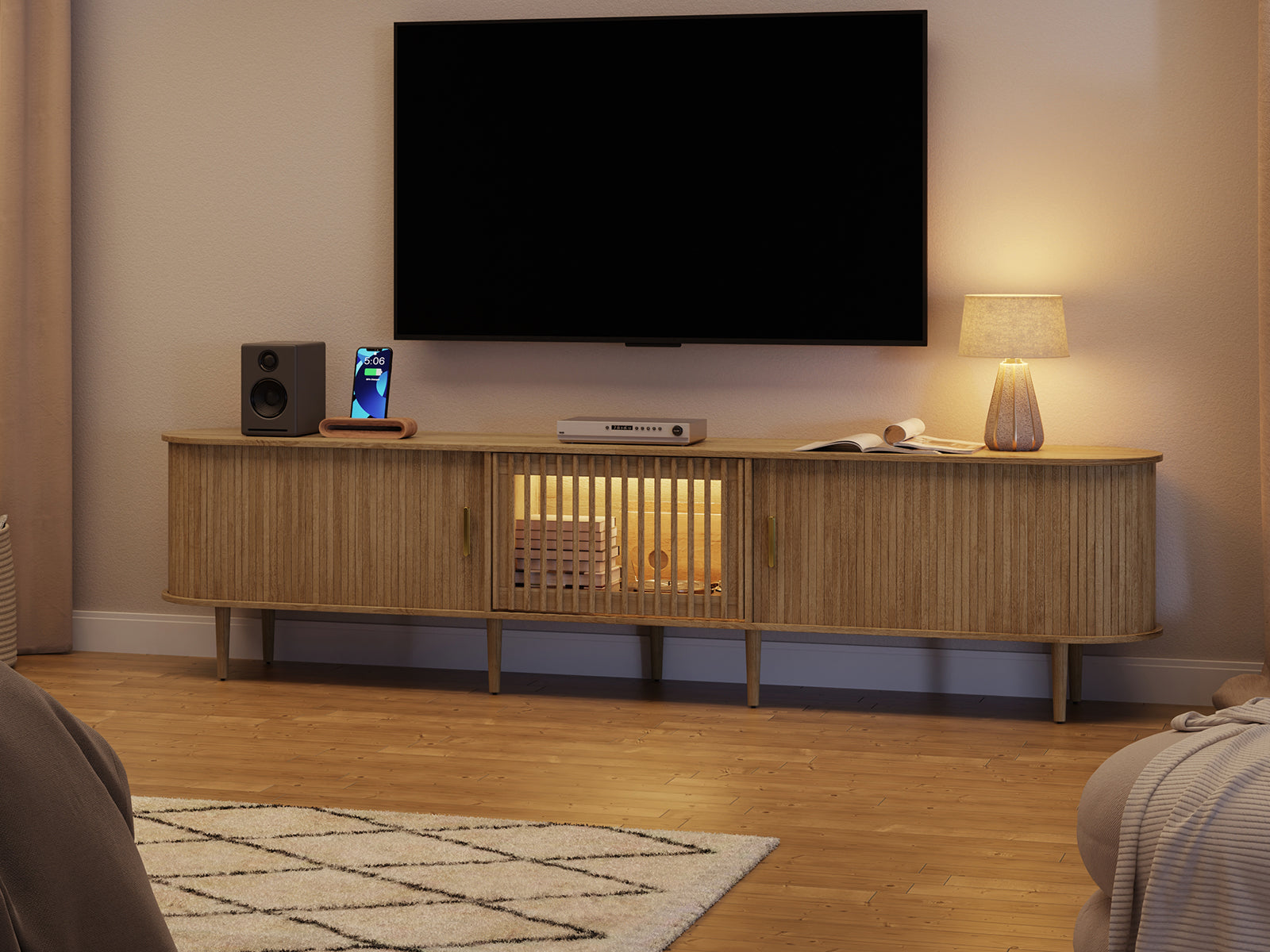 Morvex-94" Mid-Century Modern Tambour Door TV Stand