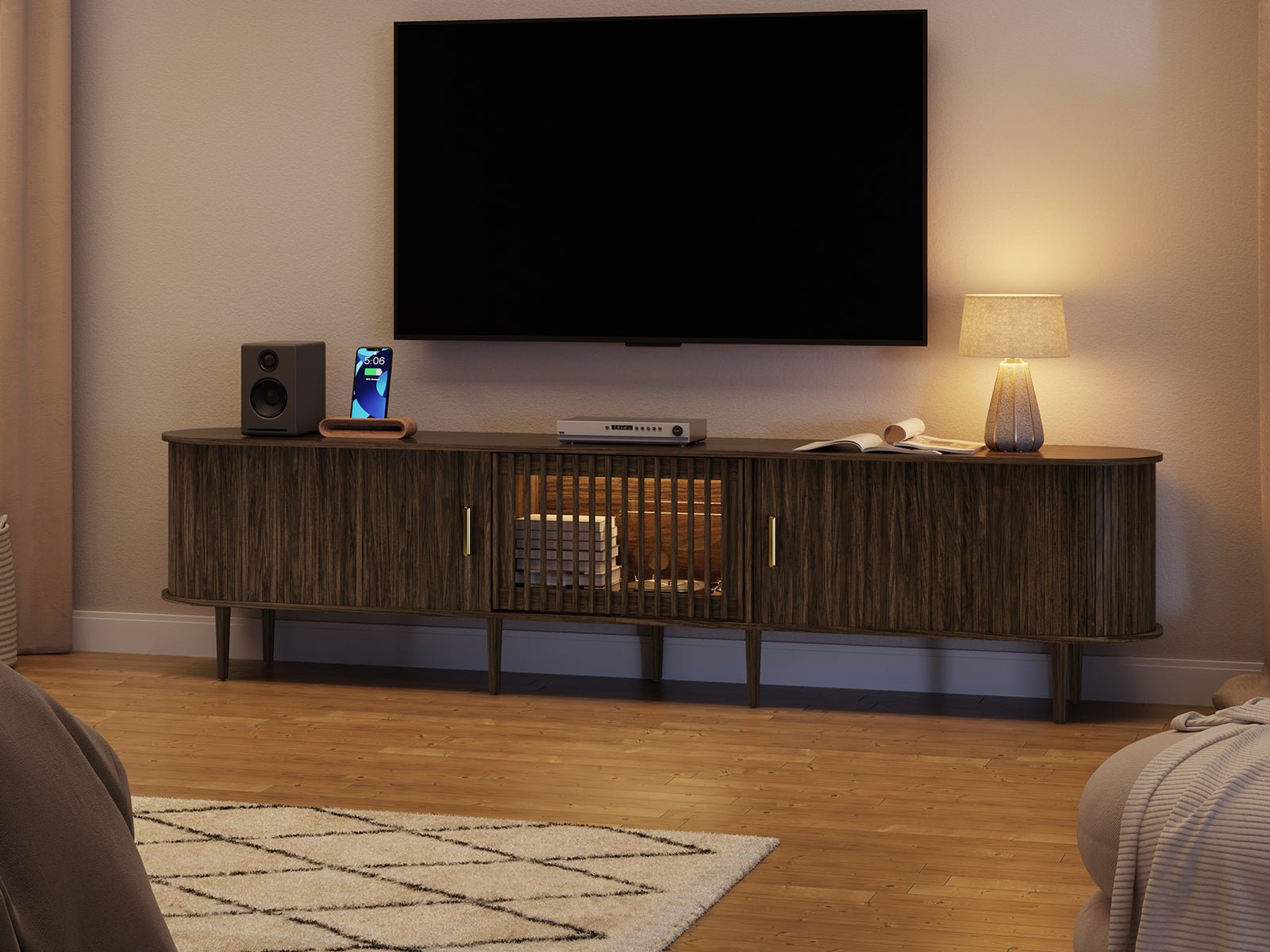 Morvex-94" Mid-Century Modern Tambour Door TV Stand