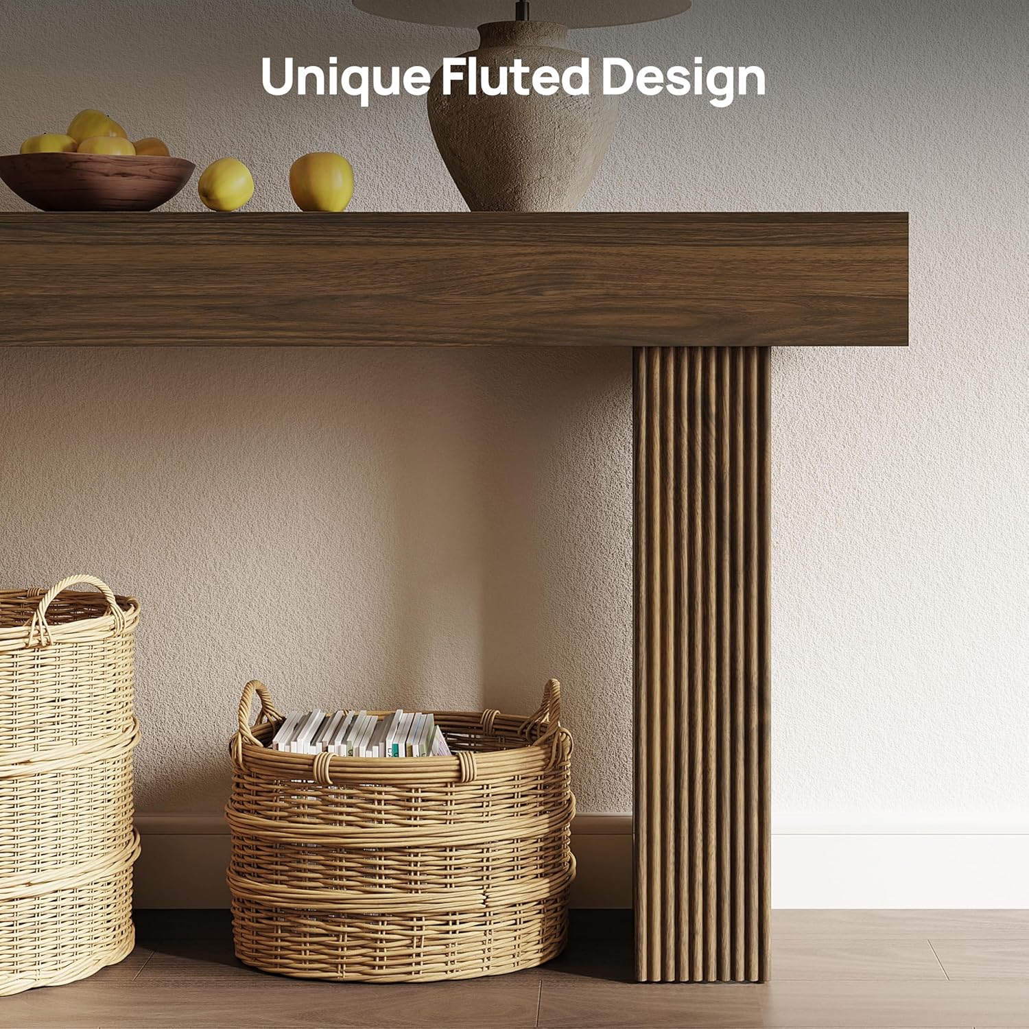Fluted Console Table, Ribbed Entryway Table, Chunky Wood Hallway Table for Living Room