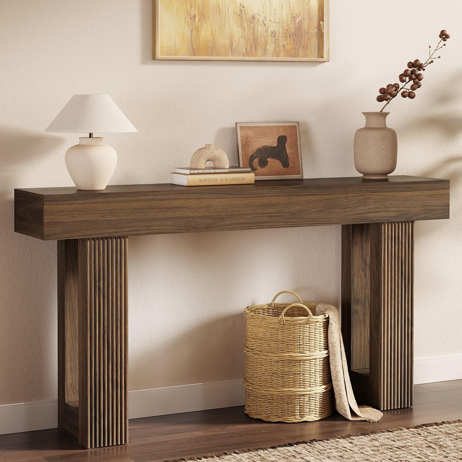 Fluted Console Table, Ribbed Entryway Table, Chunky Wood Hallway Table for Living Room
