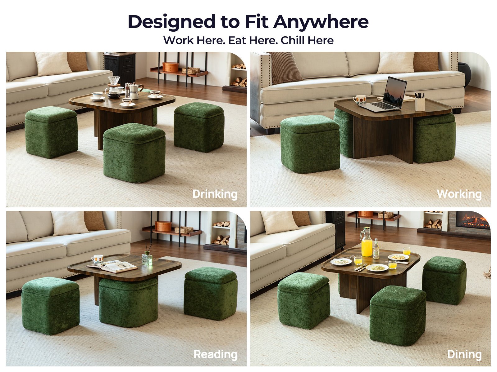 Madera Multi - Functional Coffee Table with Stools Walnut&Green