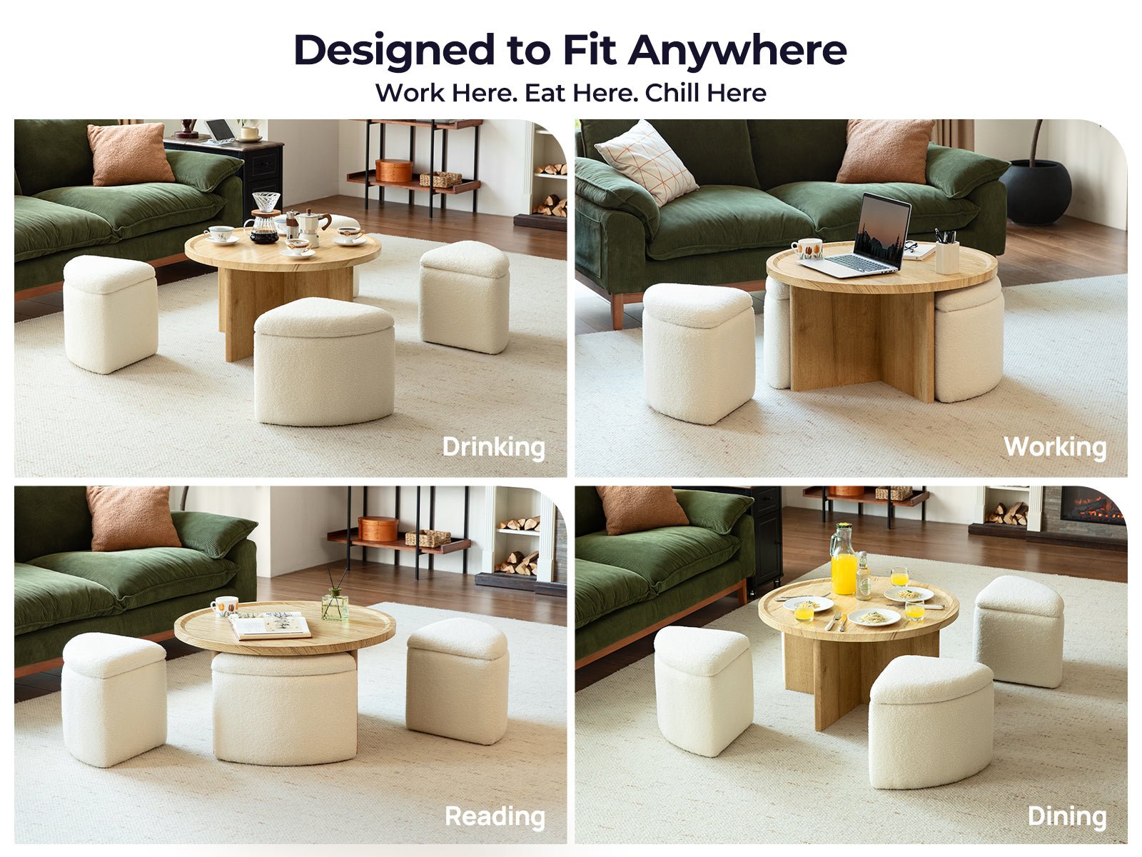 Madera Multi - Functional Coffee Table with Stools Natural&White