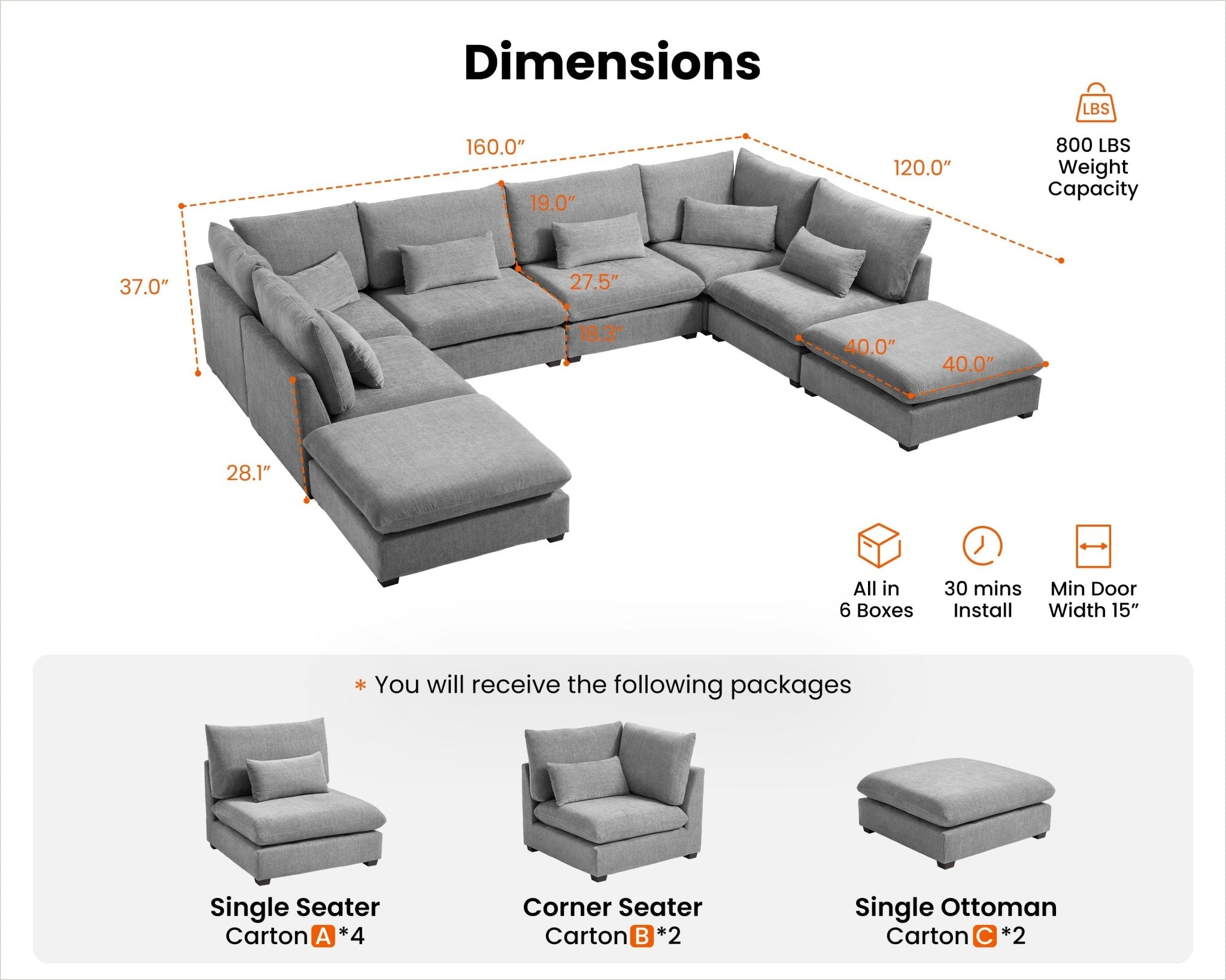 MONARCA Chenille 4 Seats with 4 Ottomans
