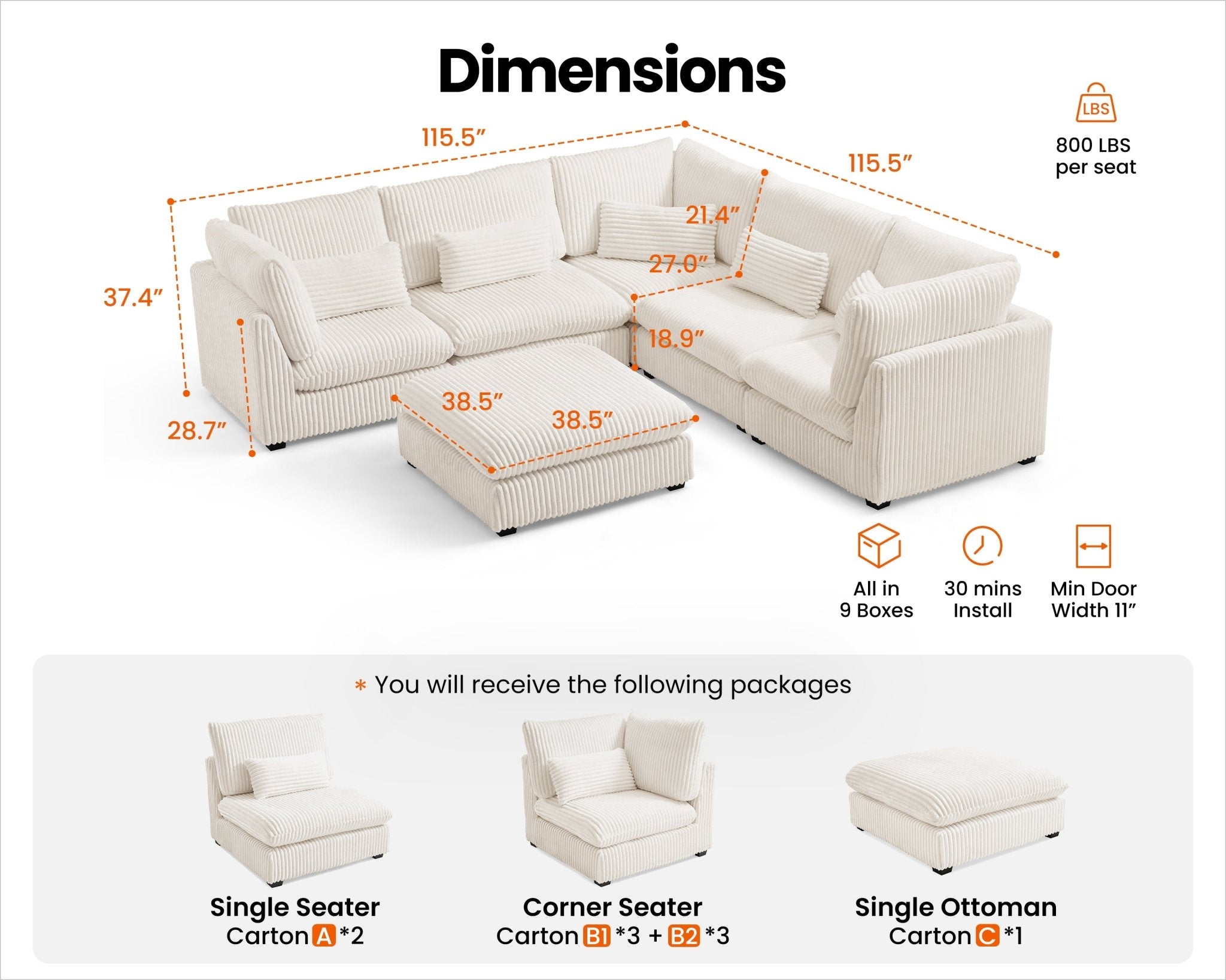 MONARCA Fluffy Corduroy 4 Seats with Corner & Ottoman