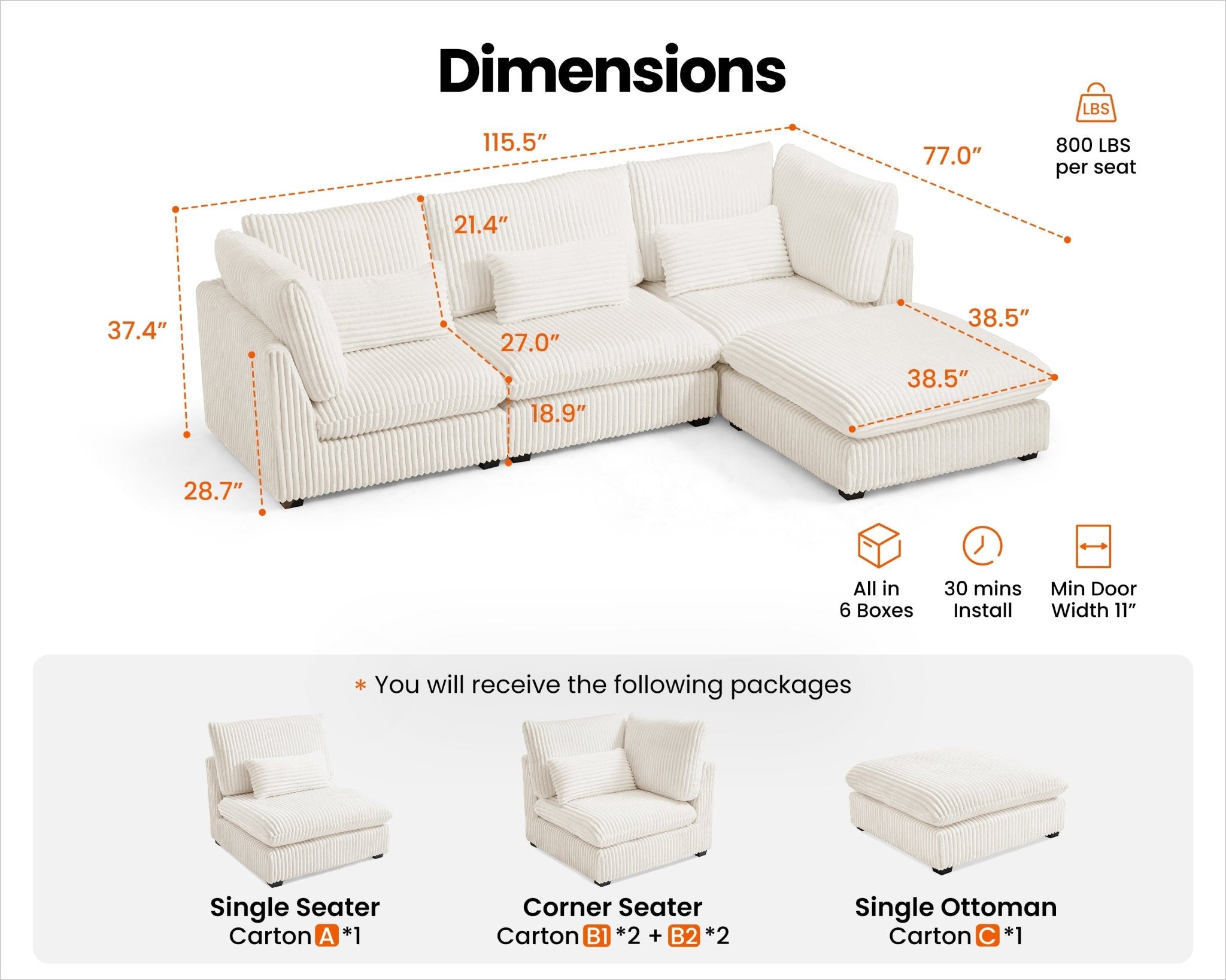 MONARCA Fluffy Corduroy 3 Seats with Ottoman