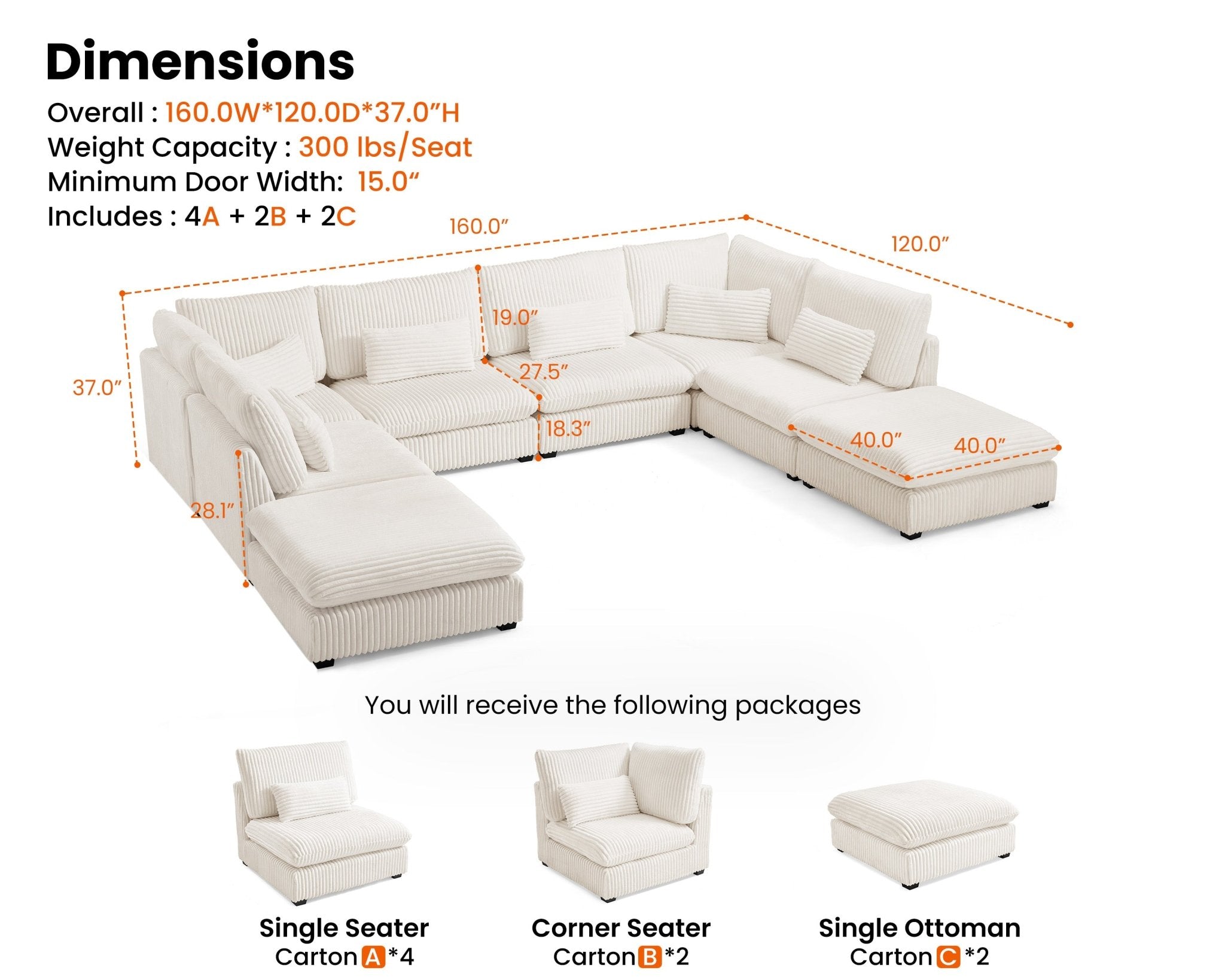 MONARCA Fluffy Corduroy 4 Seats with 4 Ottomans